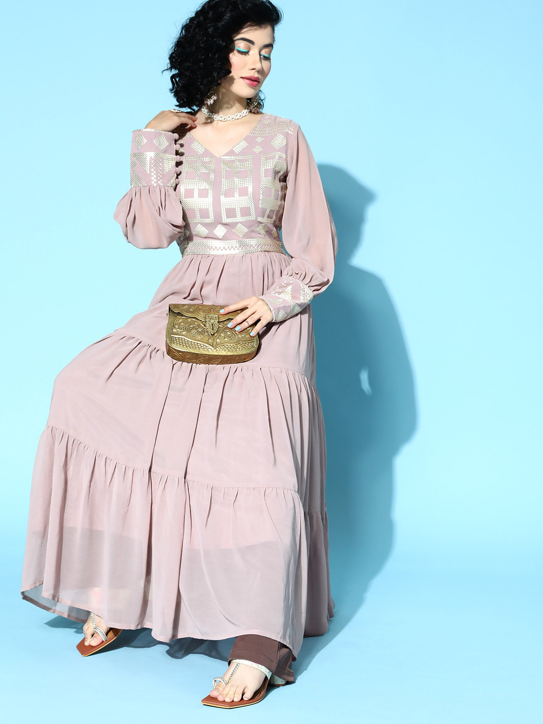 Kvsfab Women Lavender Georgette Shimmer & Sequin Kurta