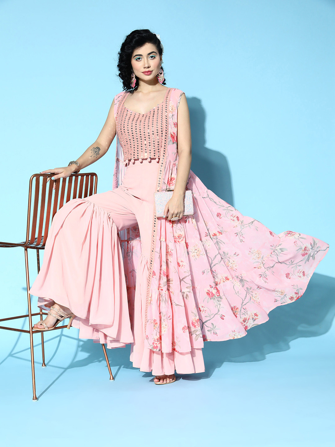 Kvsfab Women Ethnic Motifs Poly-Georgette Shimmer & Sequin Kurta Set