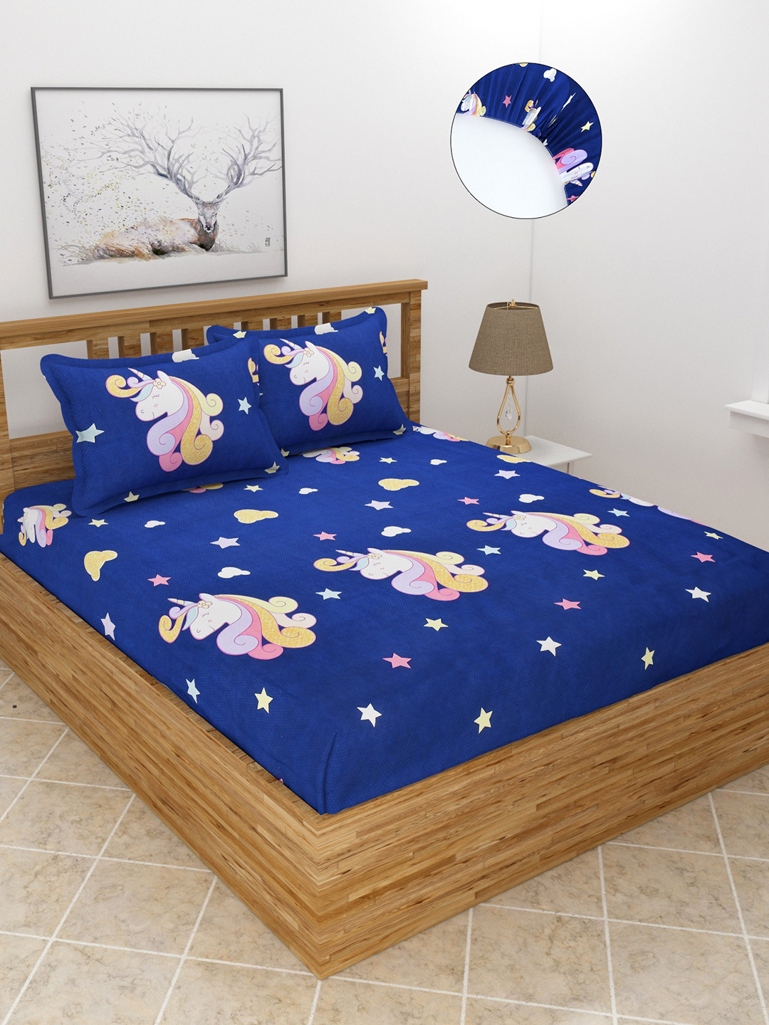 MORADO Dbs_Kidze Blue Cartoon Characters Polycotton 210 TC Fitted Queen Fine Bedsheet with 2 Pillow Covers-198 x 183 x 15 cm