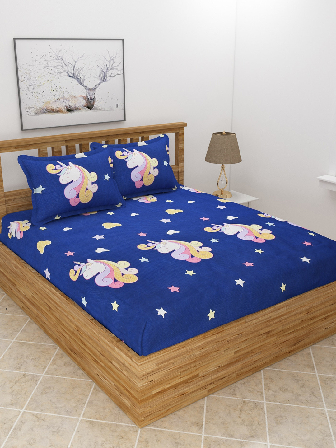 MORADO Unicorn Blue Cartoon Characters Polycotton 210 TC Queen Fine Bedsheet with 2 Pillow Covers-100 x 90 inches