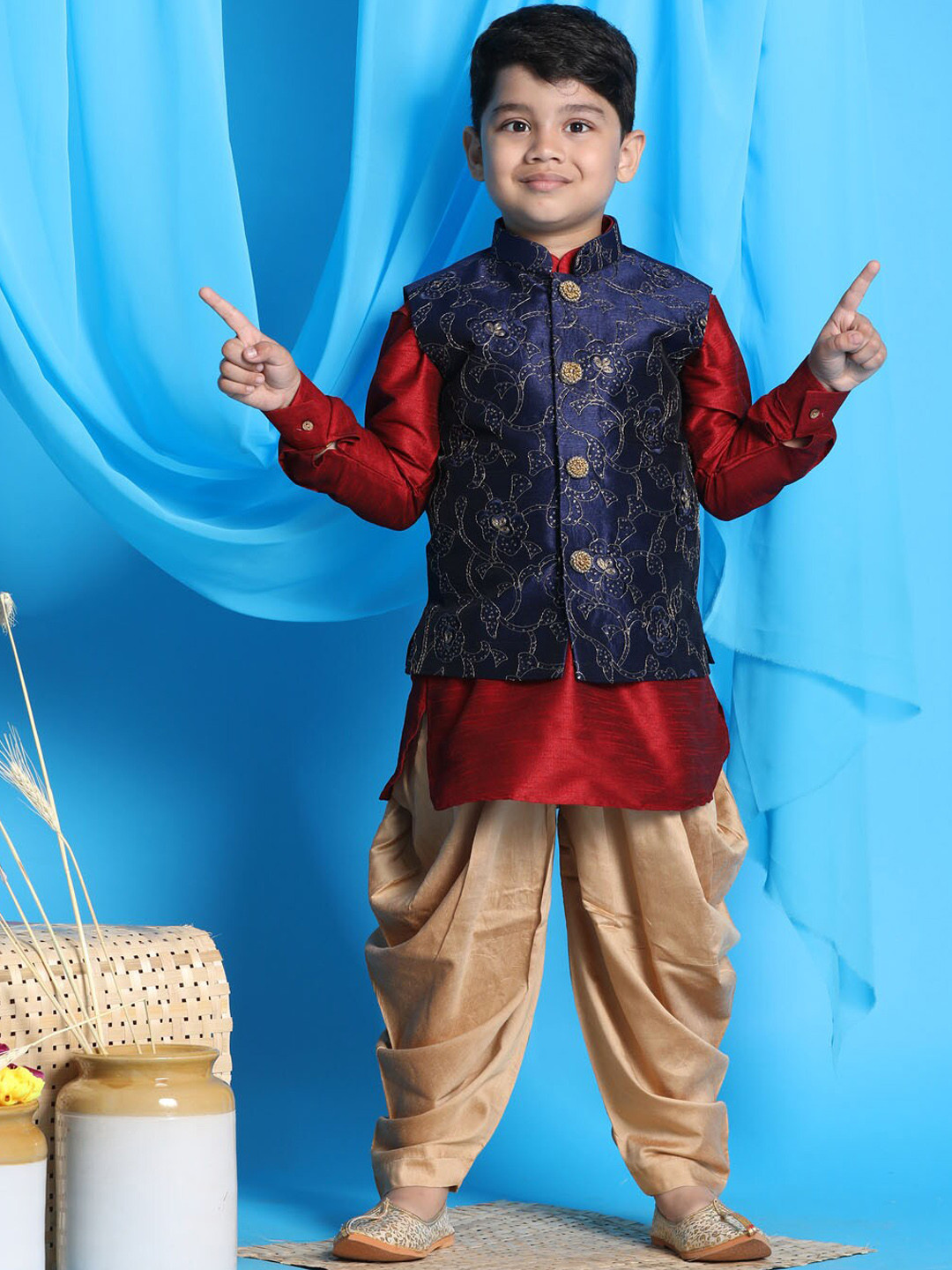 VASTRAMAY Boys Sequinned Nehru Jacket with Kurta & Dhoti Pants