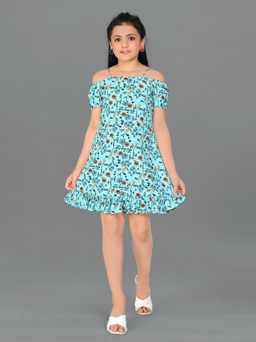 FASHION DREAM Girl Blue Floral Off-Shoulder Dress