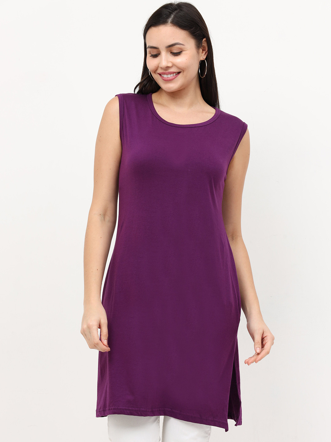 Fleximaa Purple Solid Pure Cotton Longline Top