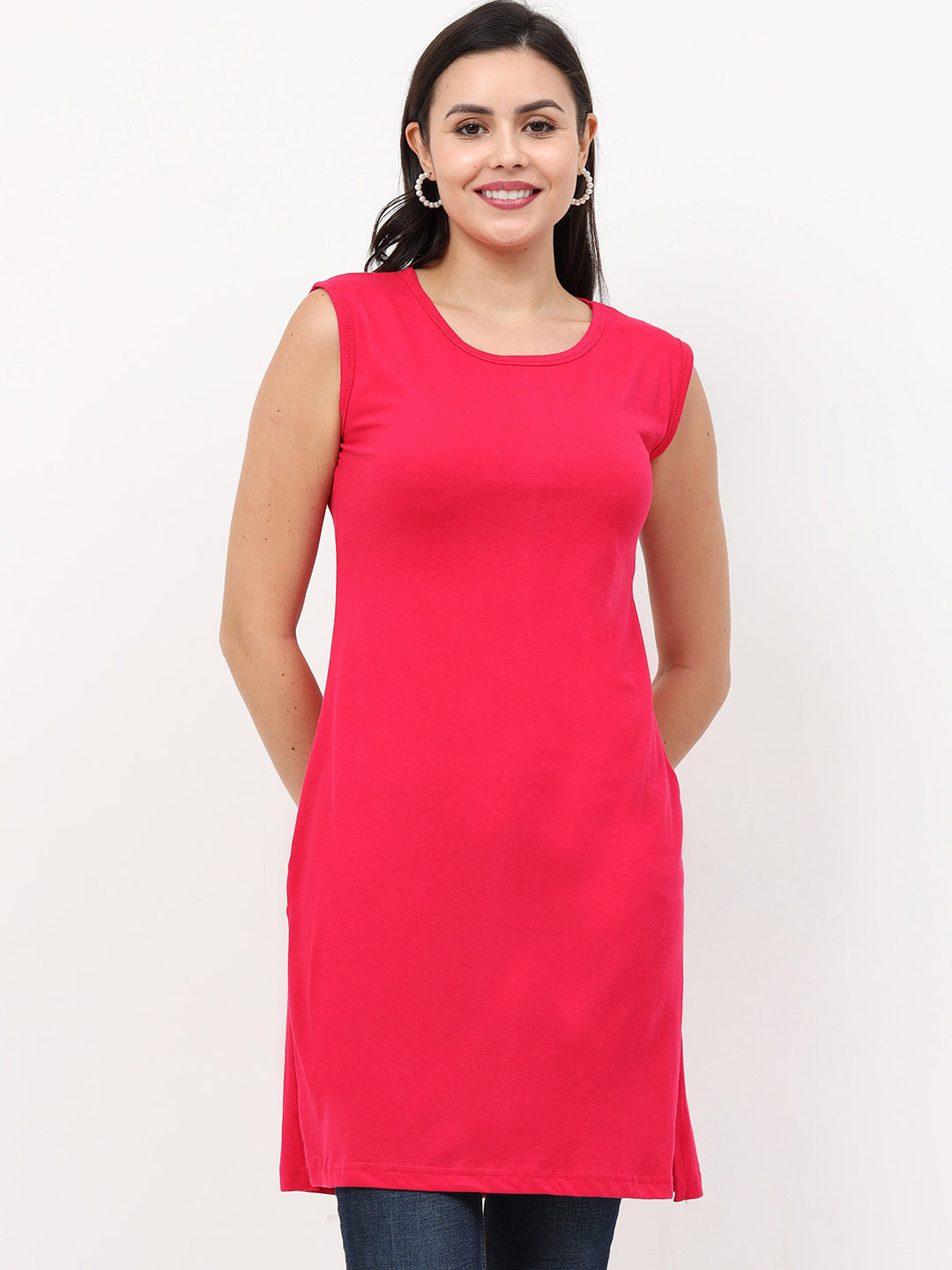 Fleximaa Women Solid Pink Cotton Longline Top