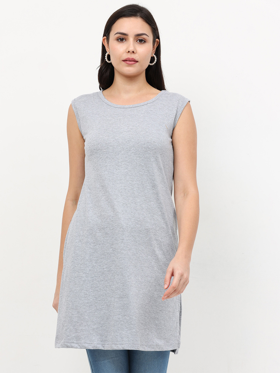 Fleximaa Women Grey Pure Cotton Longline Top