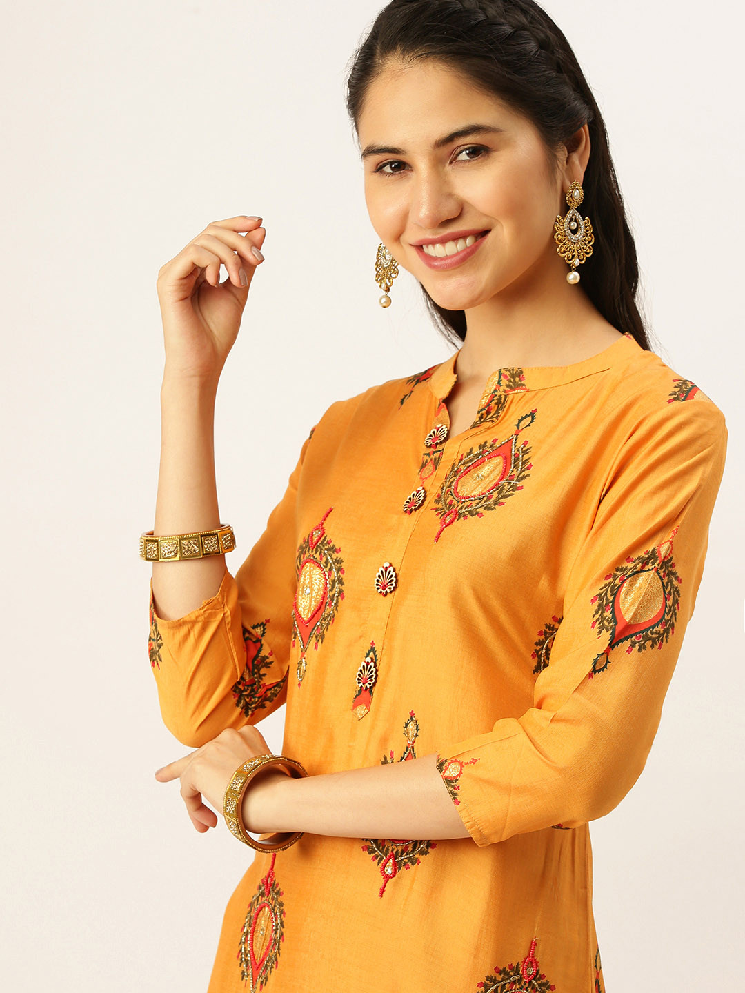SHOWOFF Women Orange Beads and Stones Kurta with Trousers