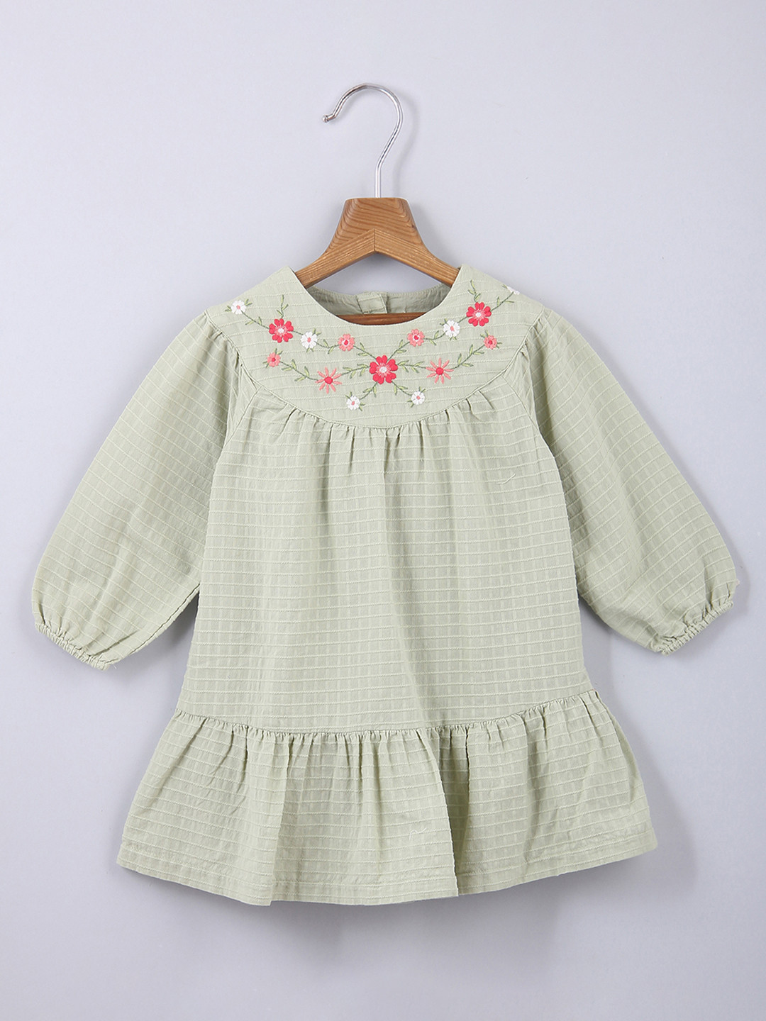 Beebay Girls Green Floral Embroidered A-Line Dress