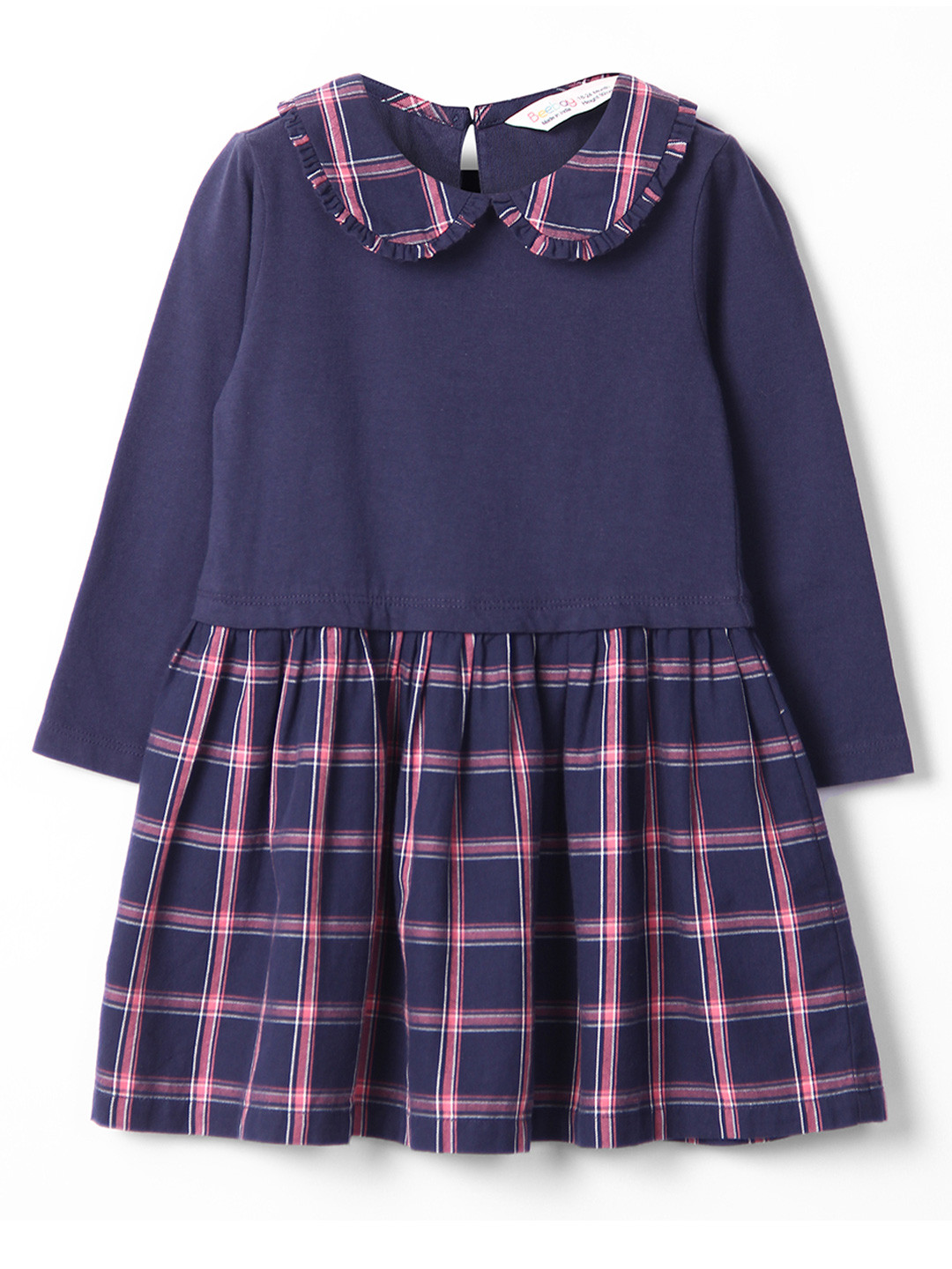 Beebay Navy Blue Checked Yard Dyed Check Peter Pan Collar Gathered Dress