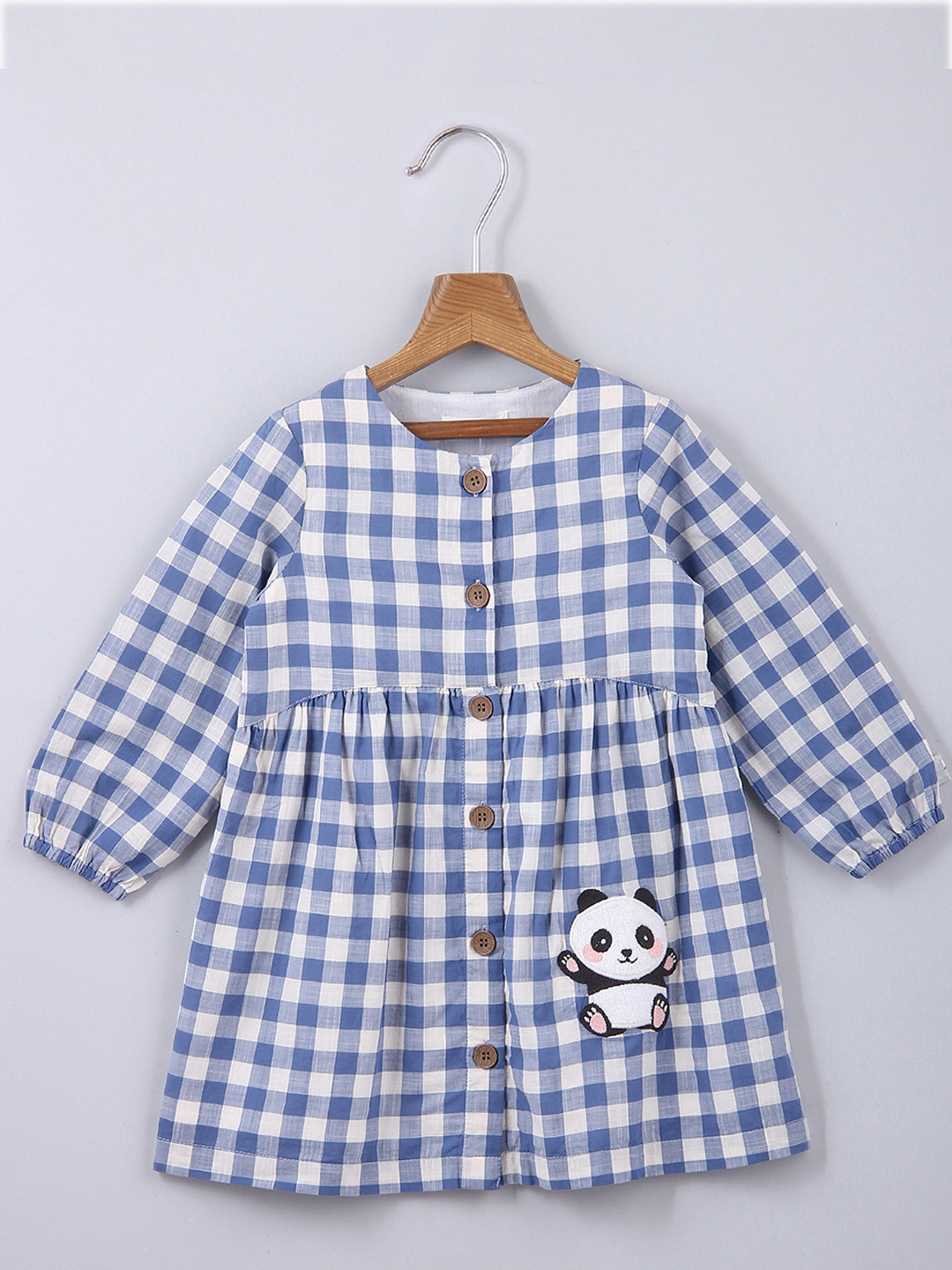Beebay Girls Blue & White Panda Applique work Checked A-Line Dress