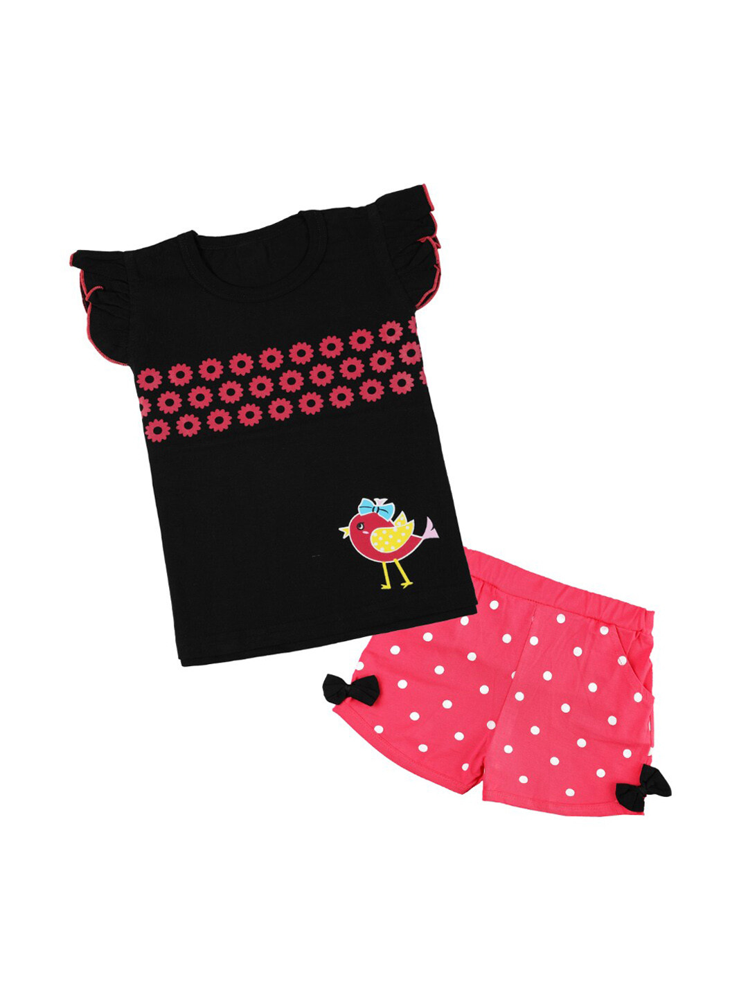 CATCUB Girls Black & Pink Printed Cotton Top with Shorts