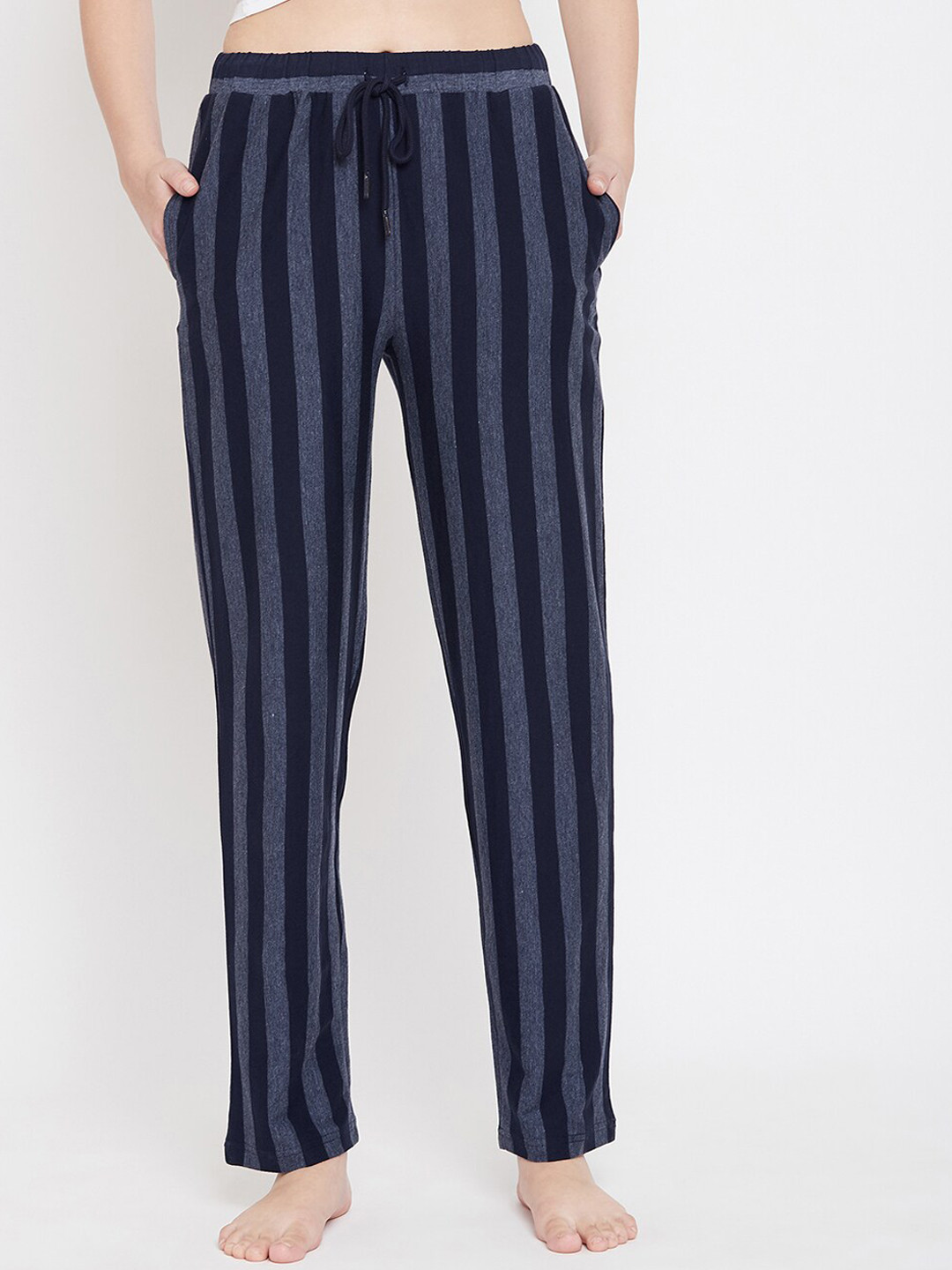 Hypernation Women Navy Blue Striped Lounge Pants