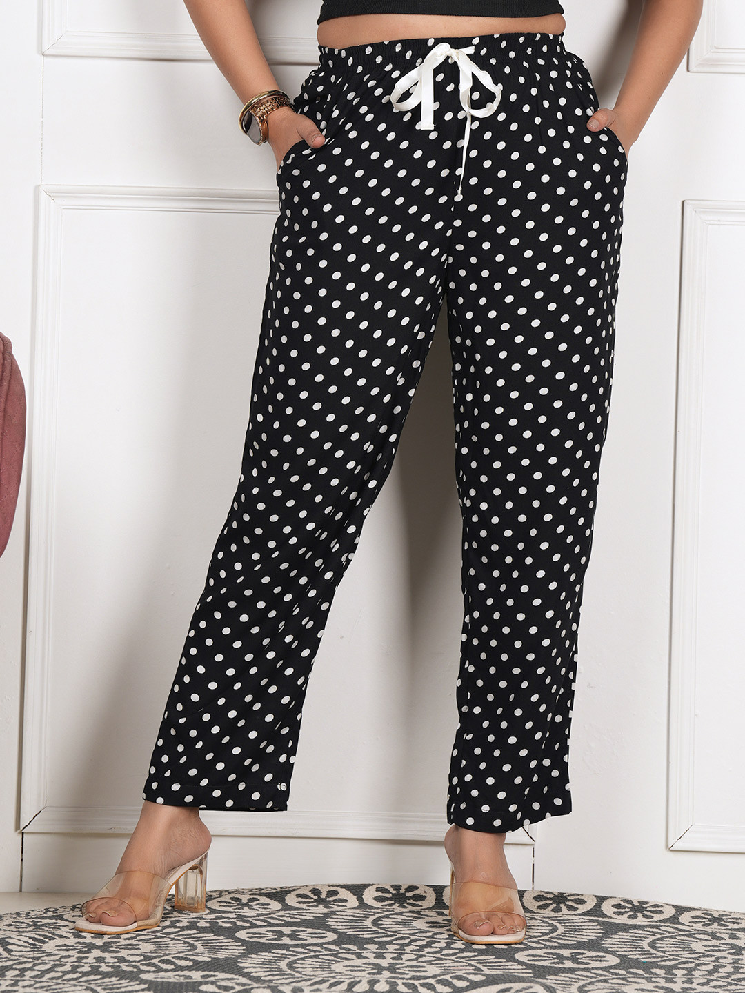 Style Shoes Women Black & White Polka Dot Print Lounge Pants