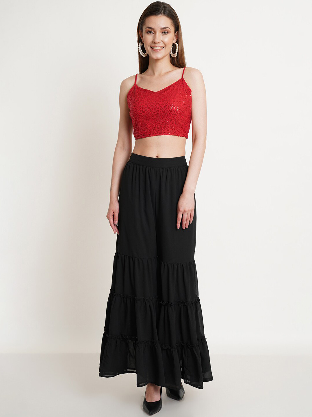 Purple State Women Red Embroidered Sequinned Top With Sharara