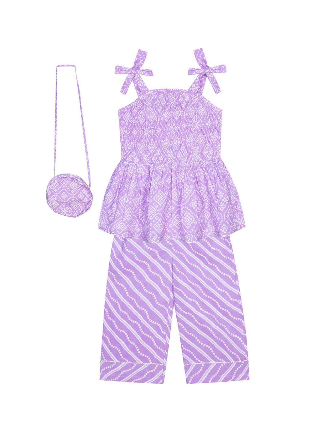 Budding Bees Girls Purple & White Printed Pure Cotton Top with Trousers