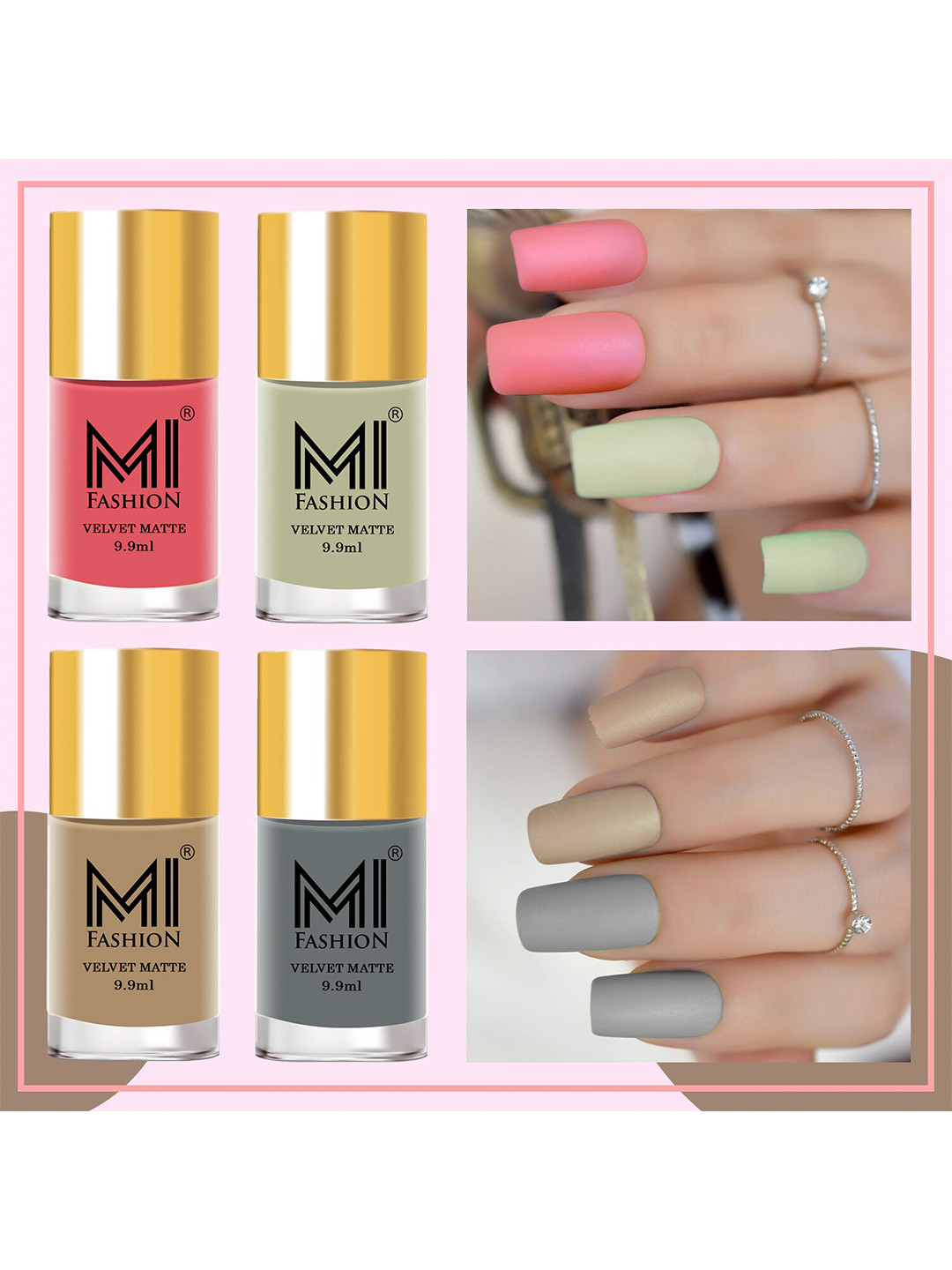 MI FASHION Pack Of 4 Matte Grey, Dark Sand, Heathered Grey, Light Carmine Pink 9.9 ml