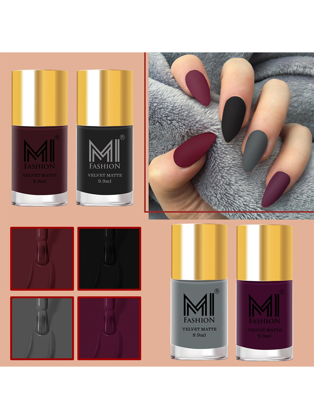 MI FASHION Set Of 4 Nail Polish - Dark Sienna Black Ash Grey Aubergine