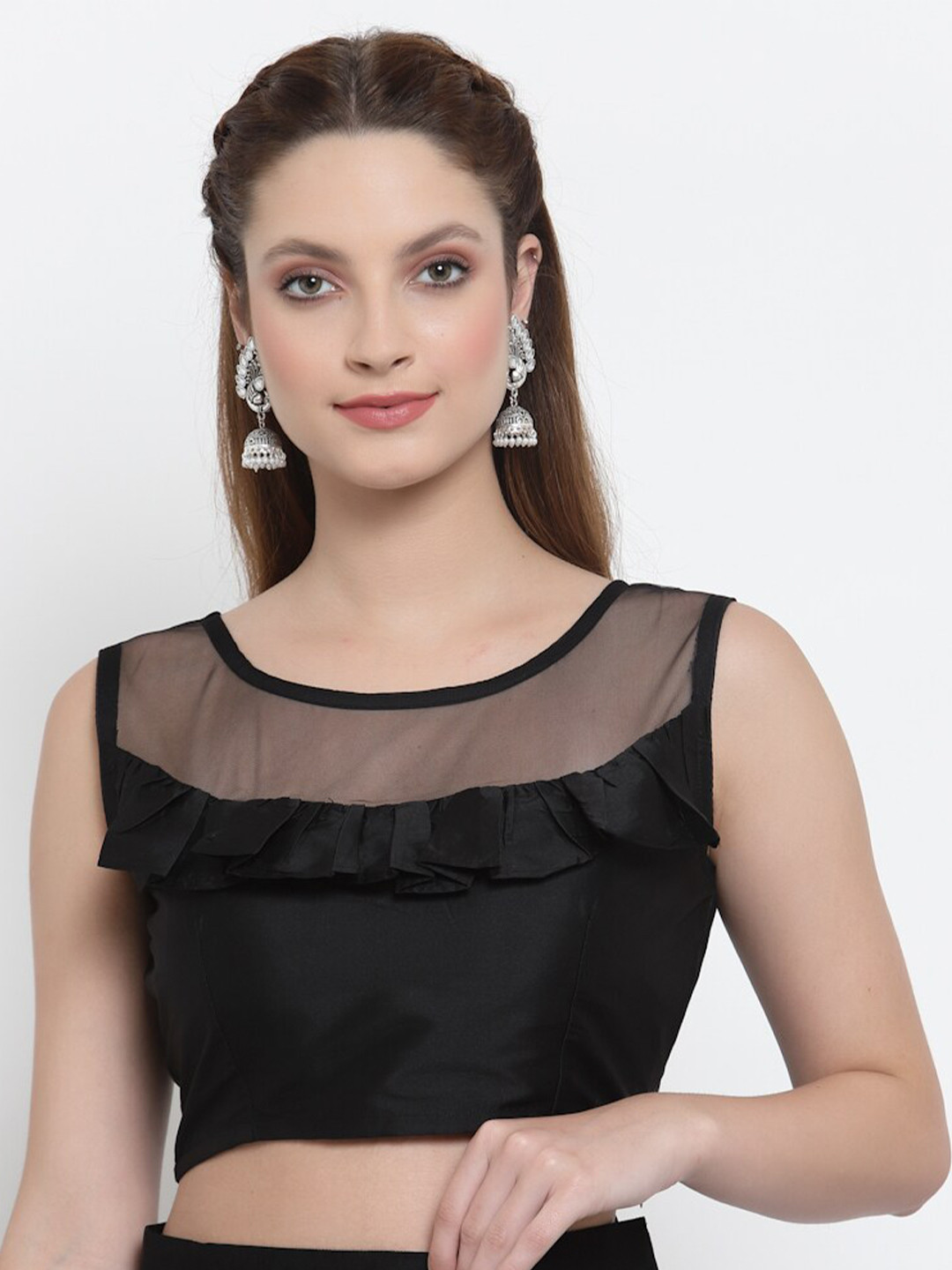 NEUDIS Women Black Ruffled Fitted Blouson Crop Top