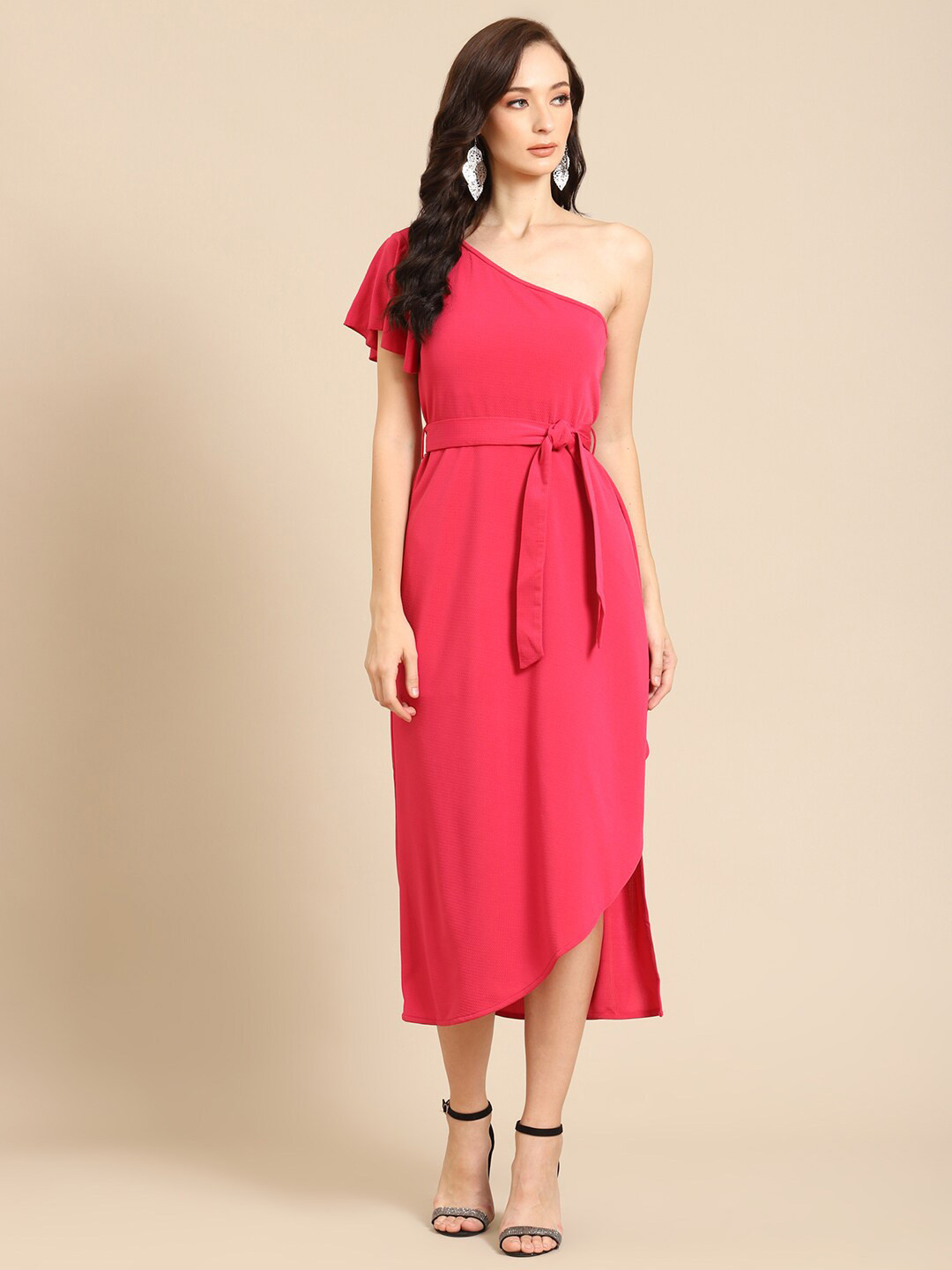 DODO & MOA Women Pink One Shoulder Scuba Midi Dress