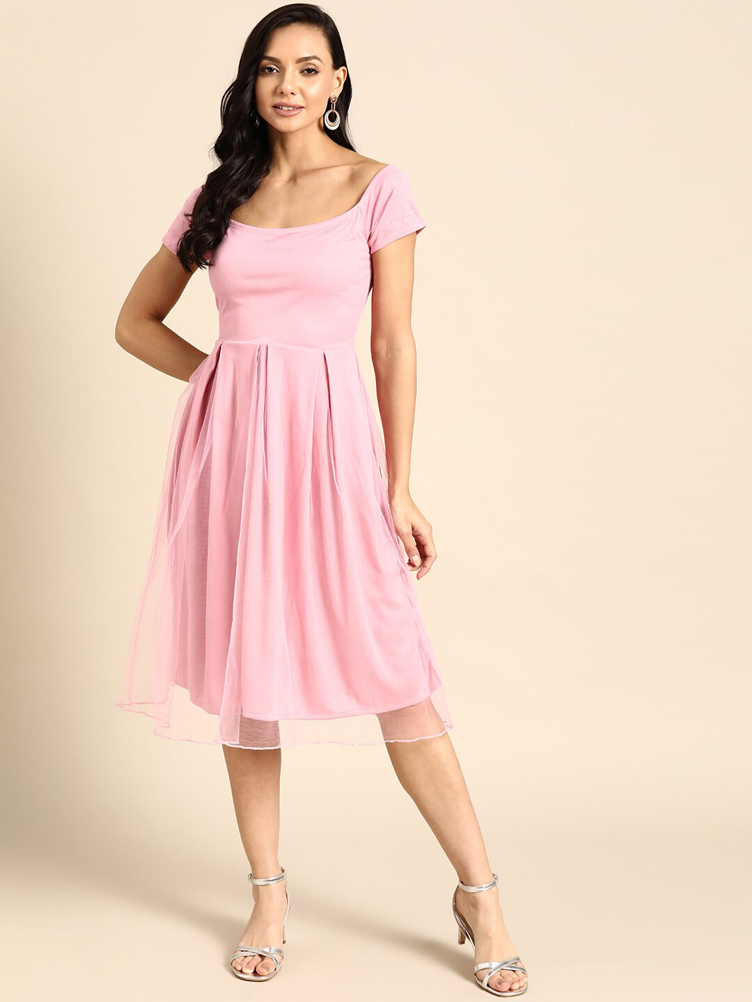 DODO & MOA Pink Satin Midi Pleated Fit & Flare Dress
