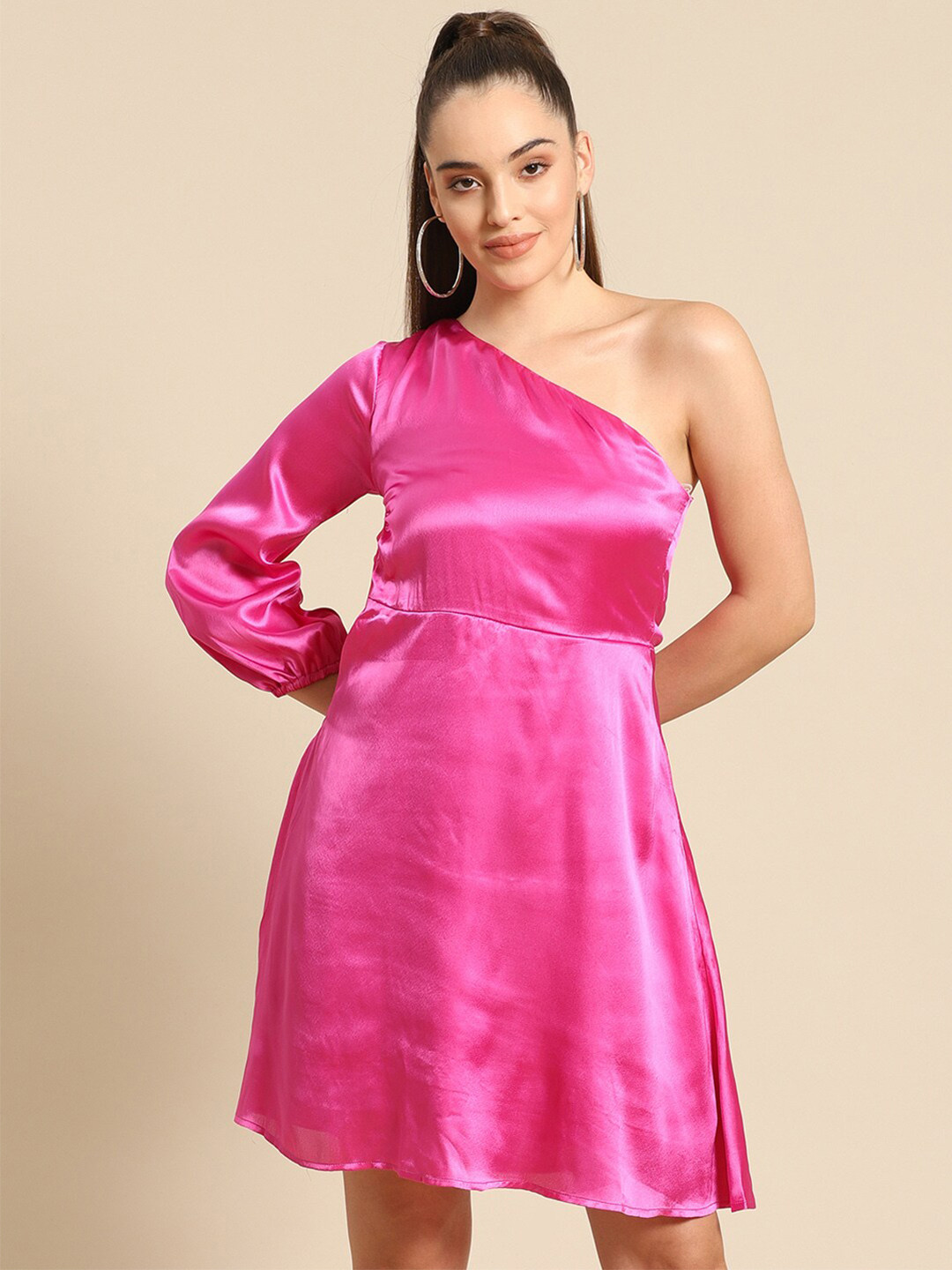 DODO & MOA Women  Fuchsia One Shoulder Satin Dress