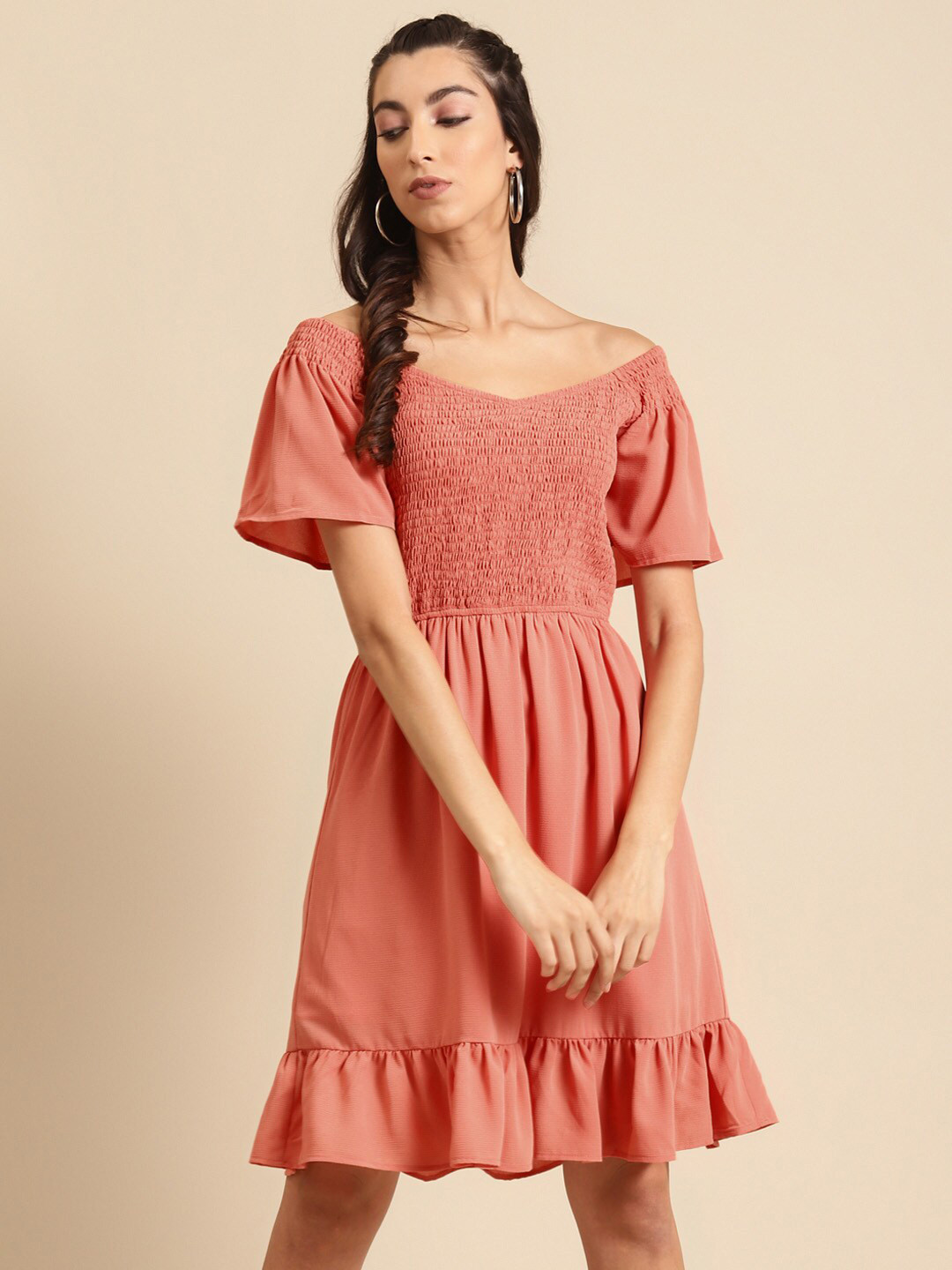 DODO & MOA Women Peach-Coloured Off-Shoulder Crepe Dress
