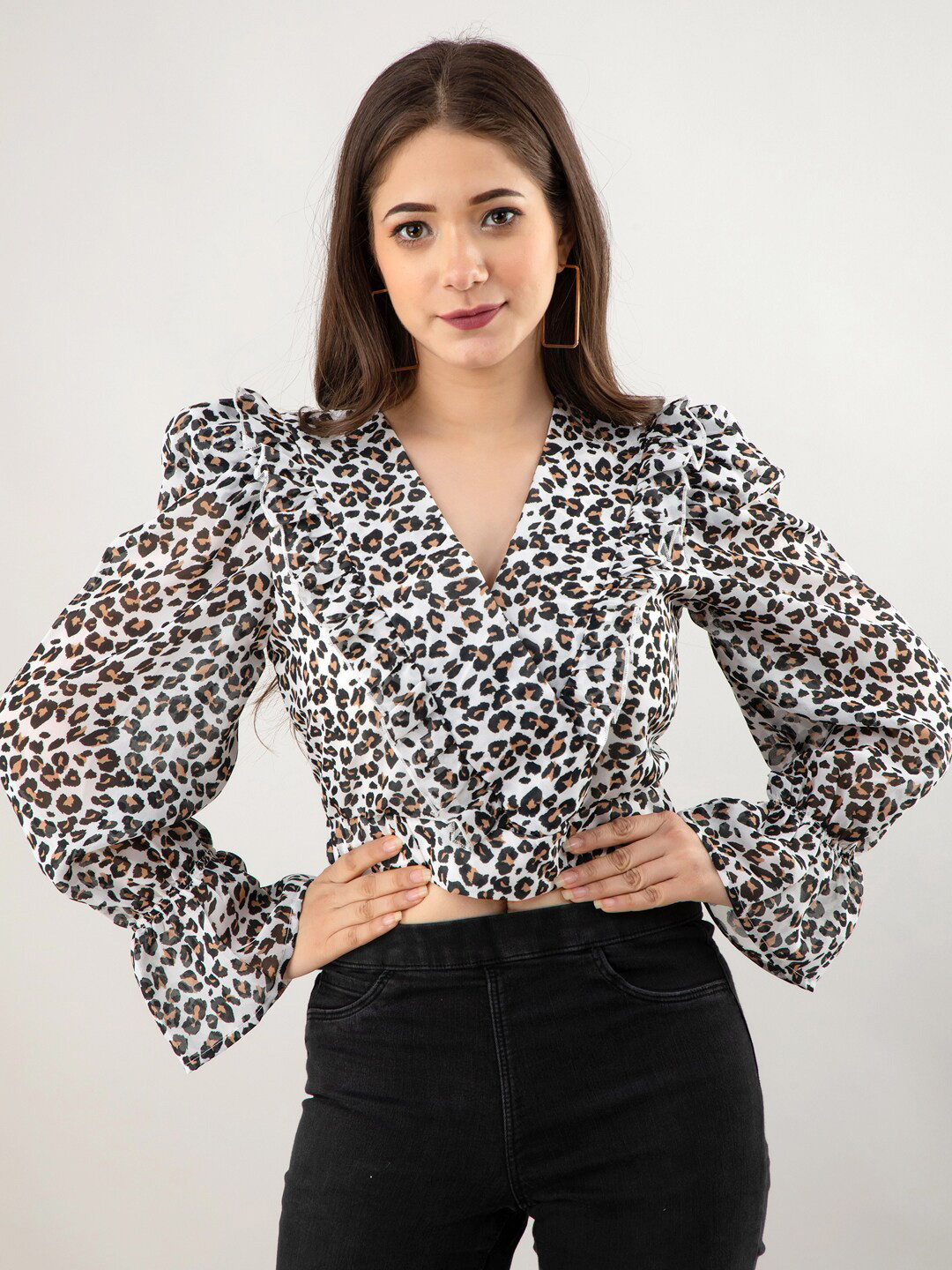 Fuchsia  White Animal Print Chiffon Crop Top