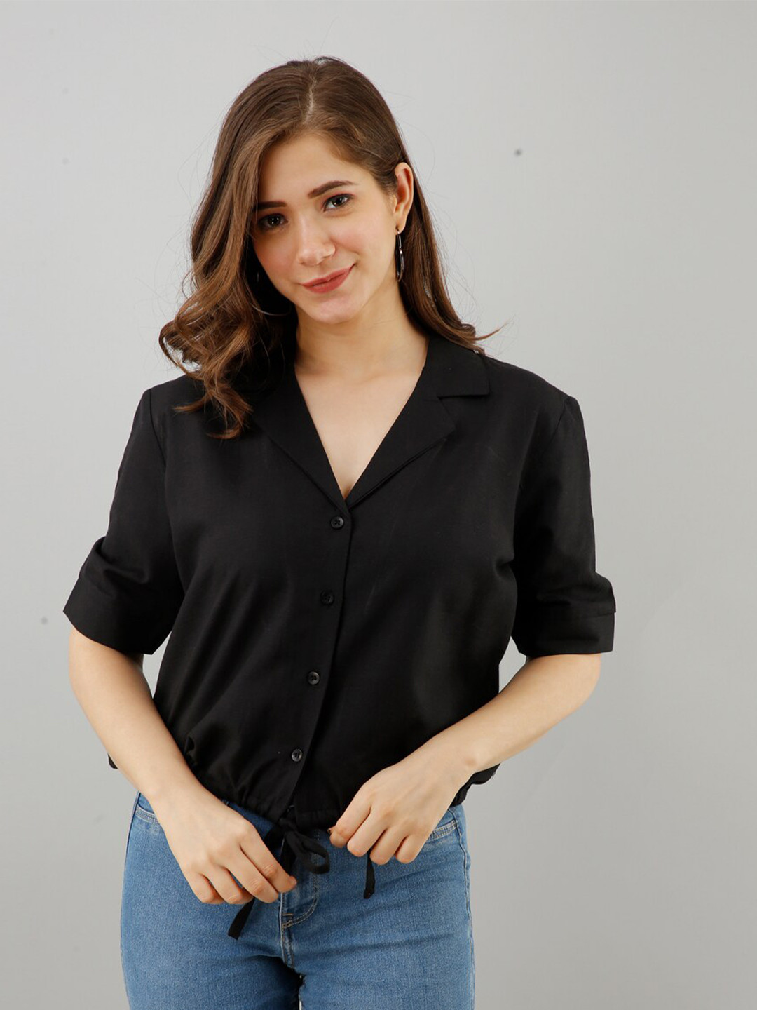 Fuchsia  Black Roll-Up Sleeves Shirt Style Top