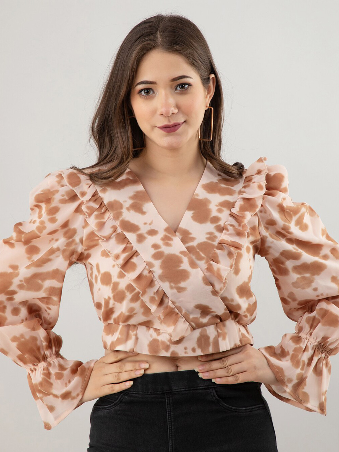 Fuchsia  Beige Animal Print Ruffles Chiffon Wrap Top