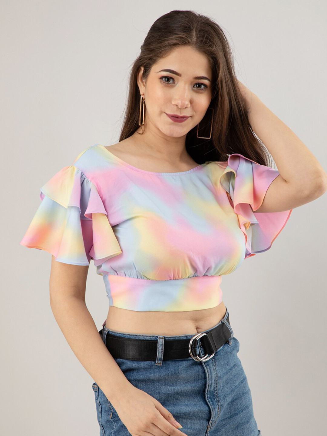 Fuchsia  Pink & Blue Tie and Dye Crepe Crop Top