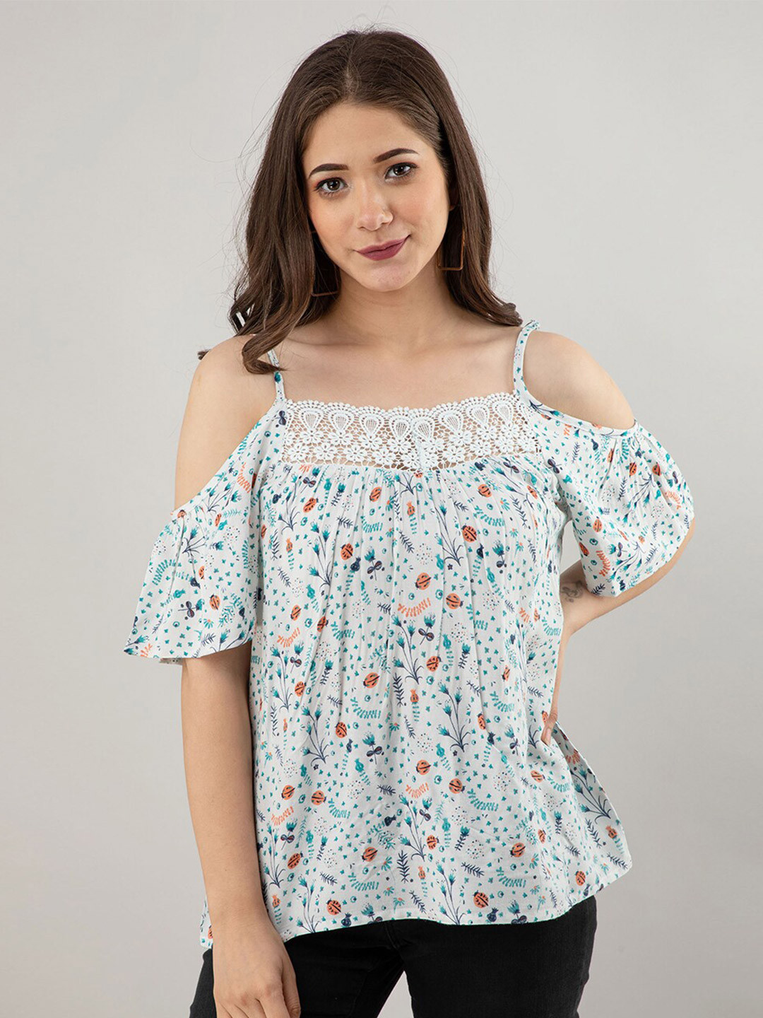 Fuchsia  White & Sea Green Floral Printed Cold Shoulder Top