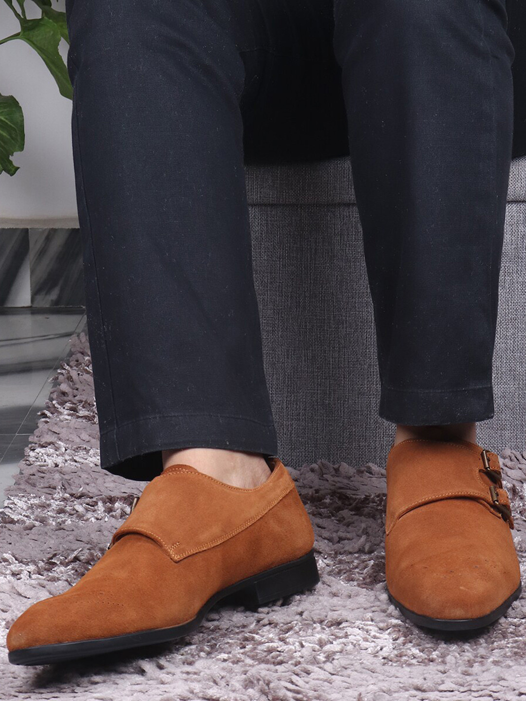 TOP BRASS Men Tan  Solid Leather Formal Monk Shoes