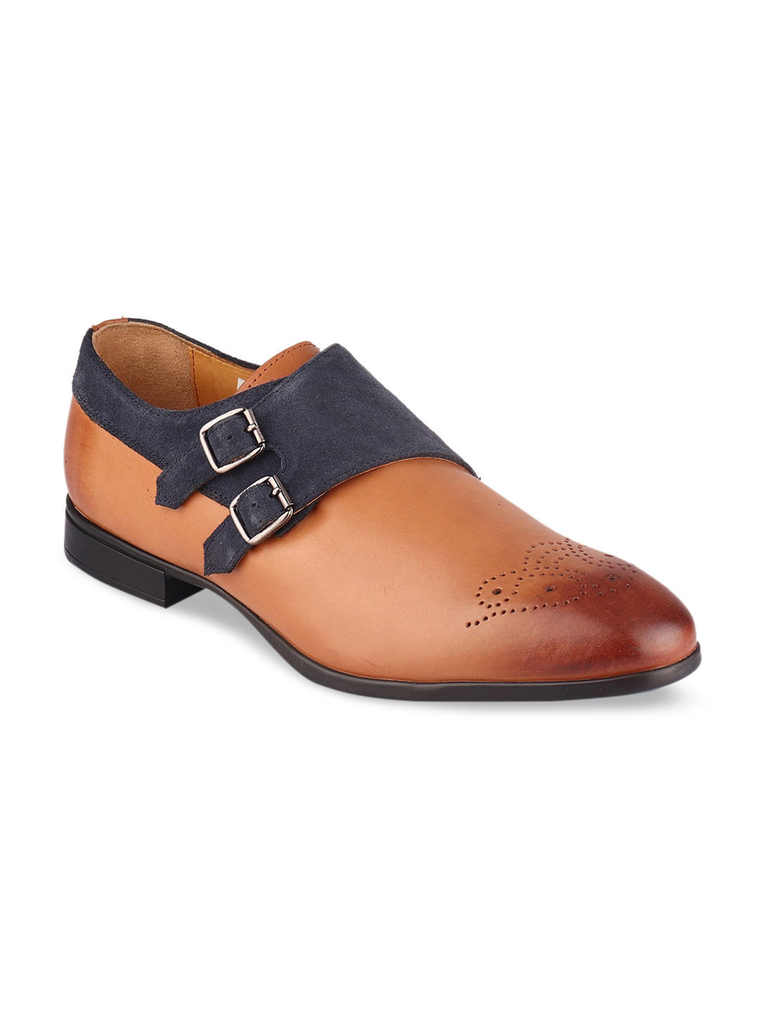 TOP BRASS Men Blue Patterned Leather Formal Monk Shoes