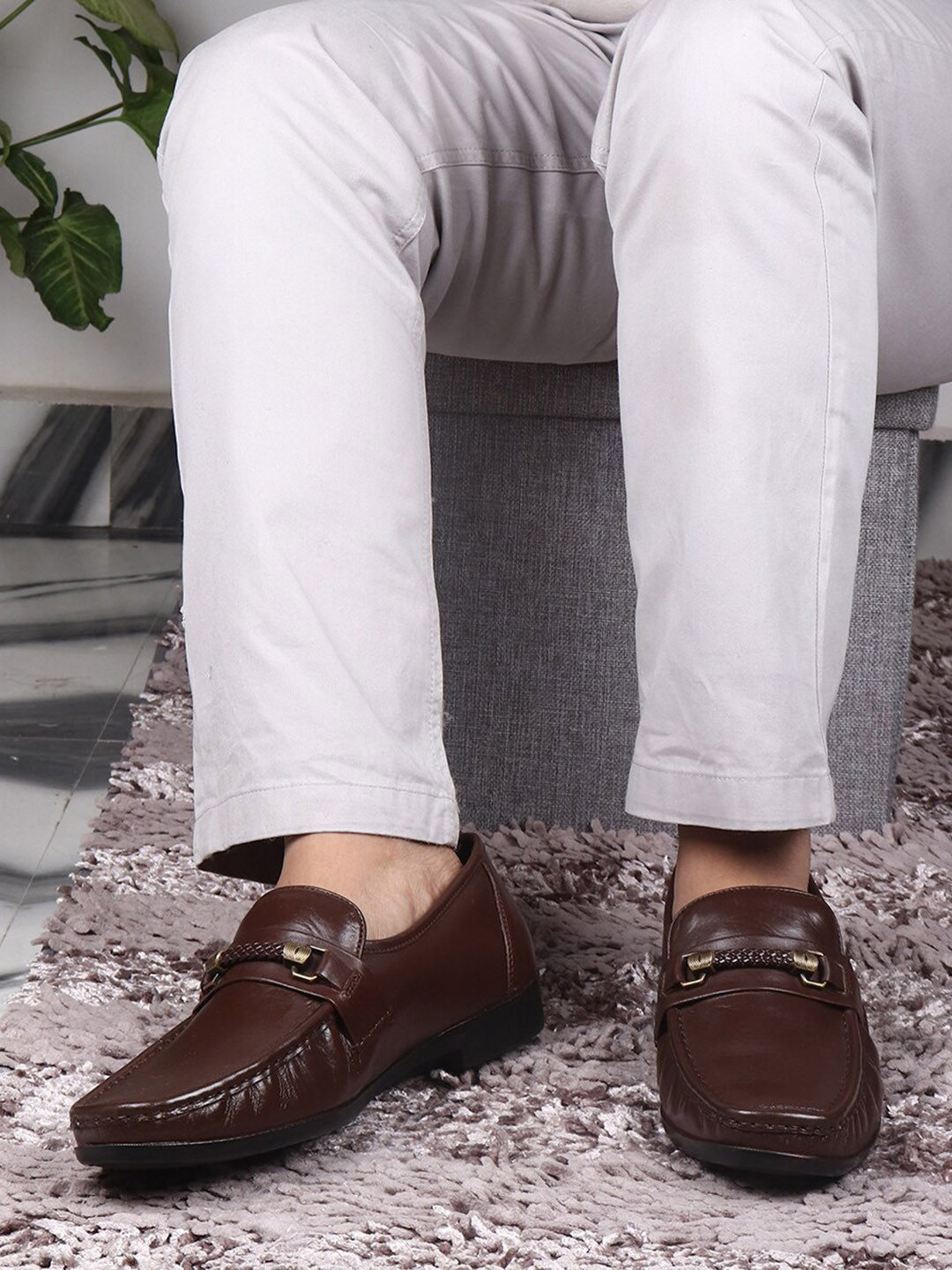 TOP BRASS Men Brown Solid Leather Formal Loafers