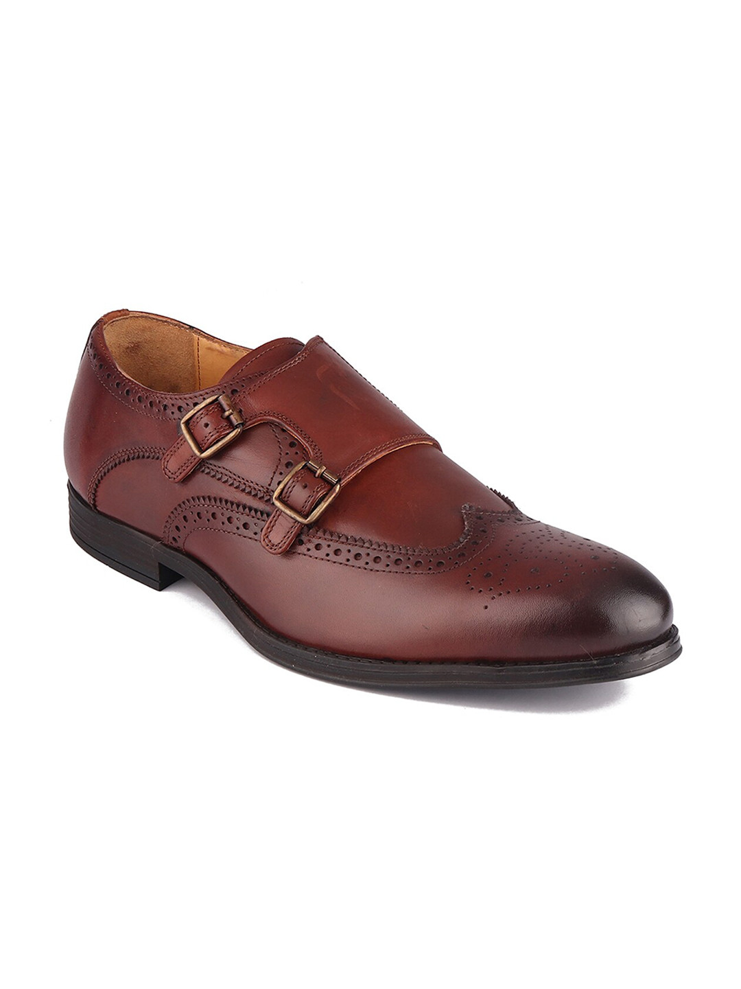 TOP BRASS Men Burgundy Perforations Formal Leather Monk Shoes