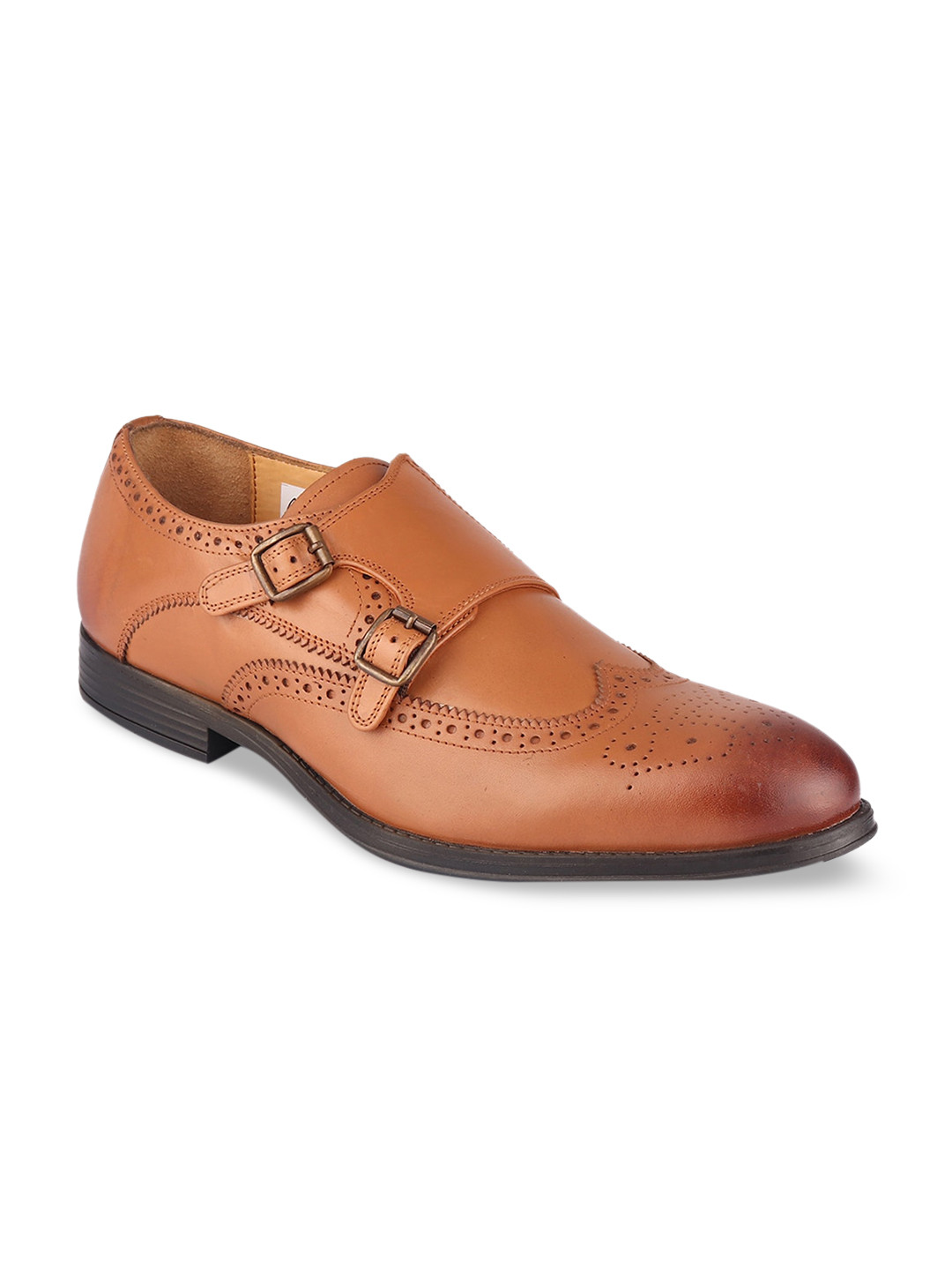 TOP BRASS Men Tan-Coloured Solid Leather Formal Monk Shoes