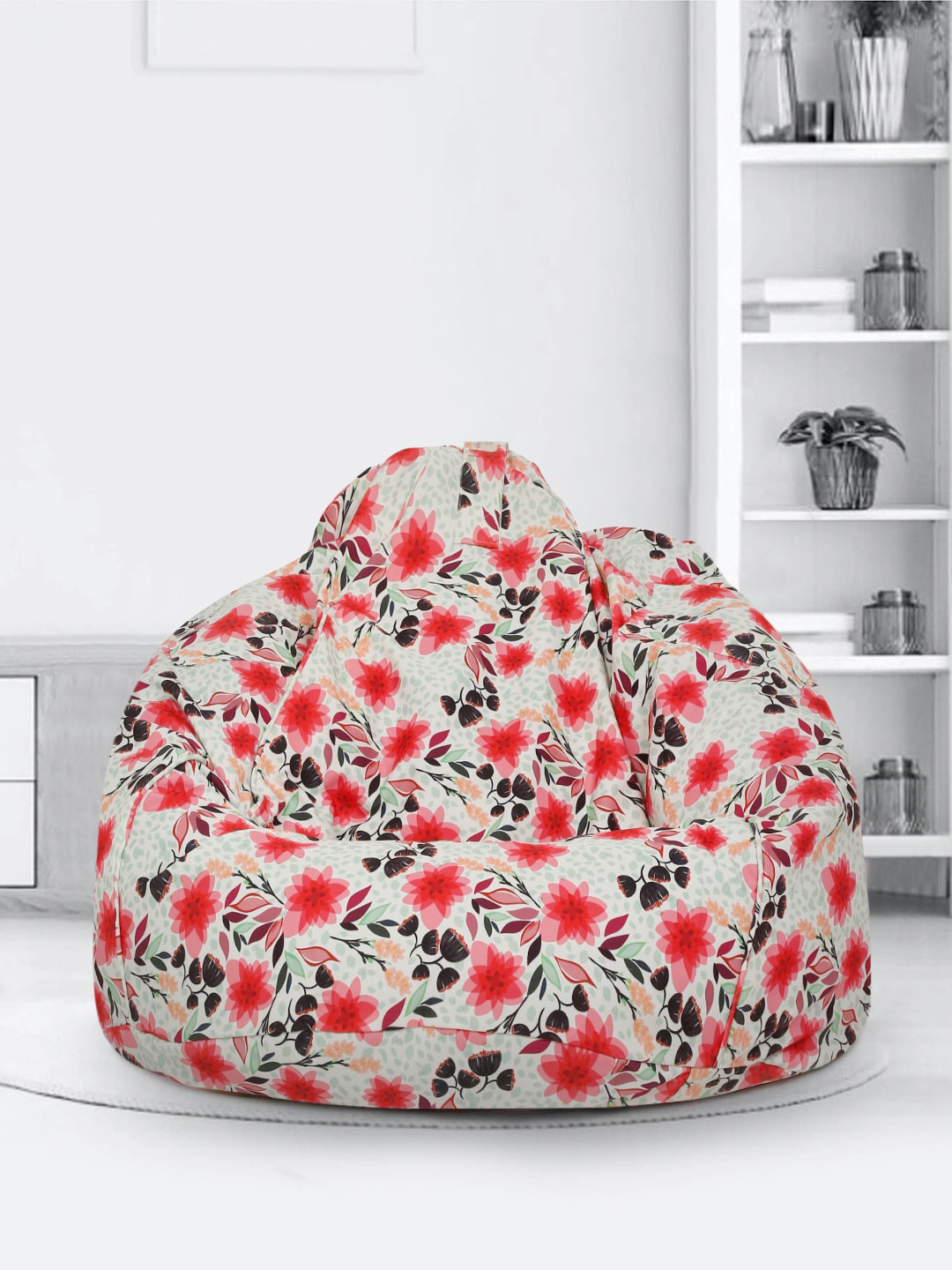 SAKA DESIGNS Adults White & Red Floral Printed Bean Bag Cover Without Beans