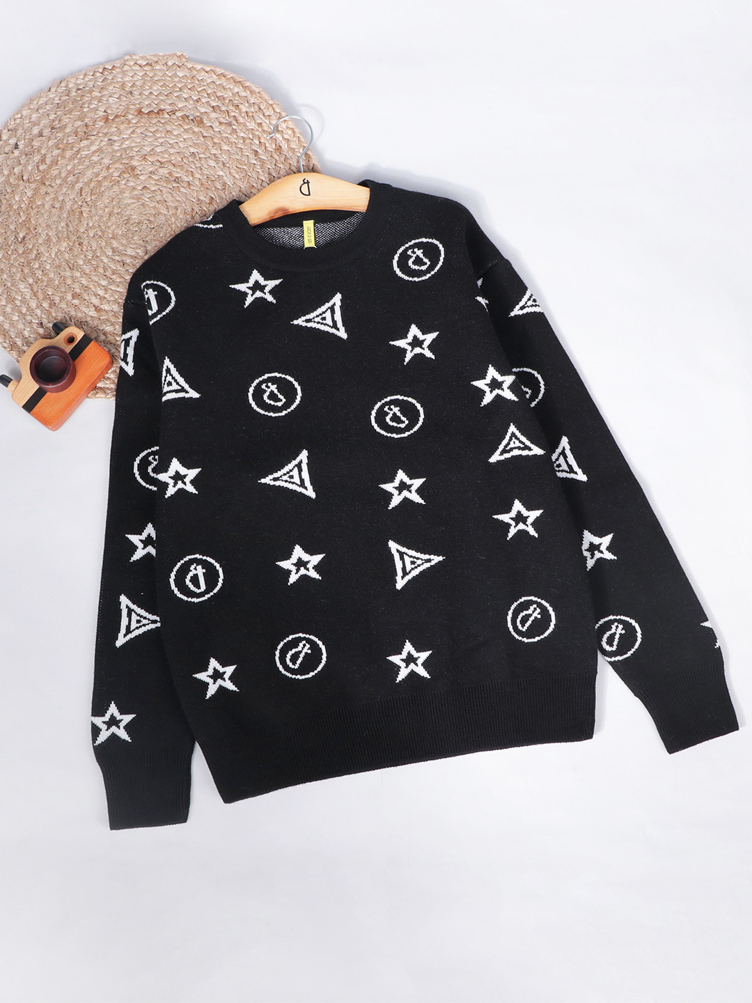 Gini and Jony Boys Black & Off White Printed Pullover