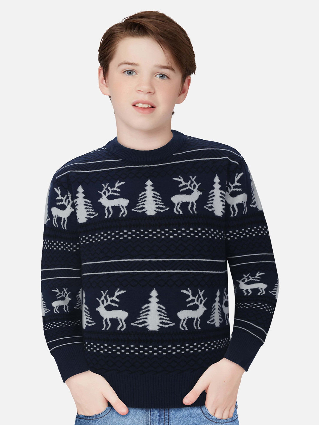Gini and Jony Boys Navy Blue & White Printed Pullover
