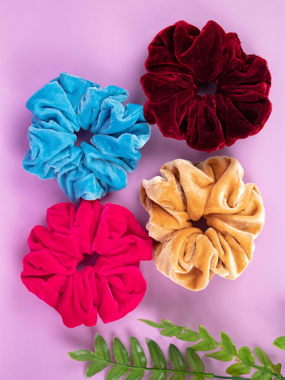 Arendelle Women Set of 4 Yellow & Blue Velvet Large Scrunchies