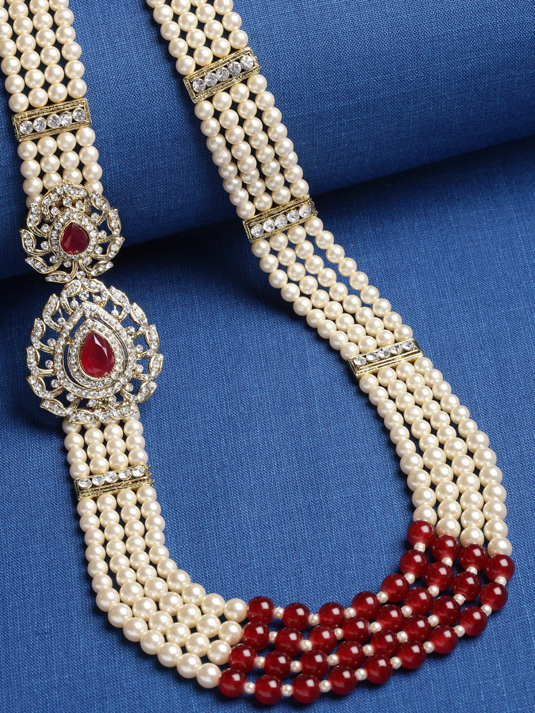 Sanjog Men Gold-Toned & Ruby Red Brass Necklace Dulha Moti Mala Haar Groom Necklace
