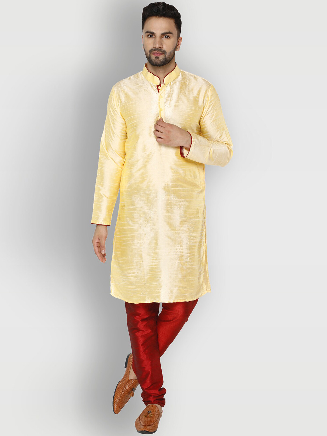 Enciger Men Yellow Dupion Silk Kurta Set