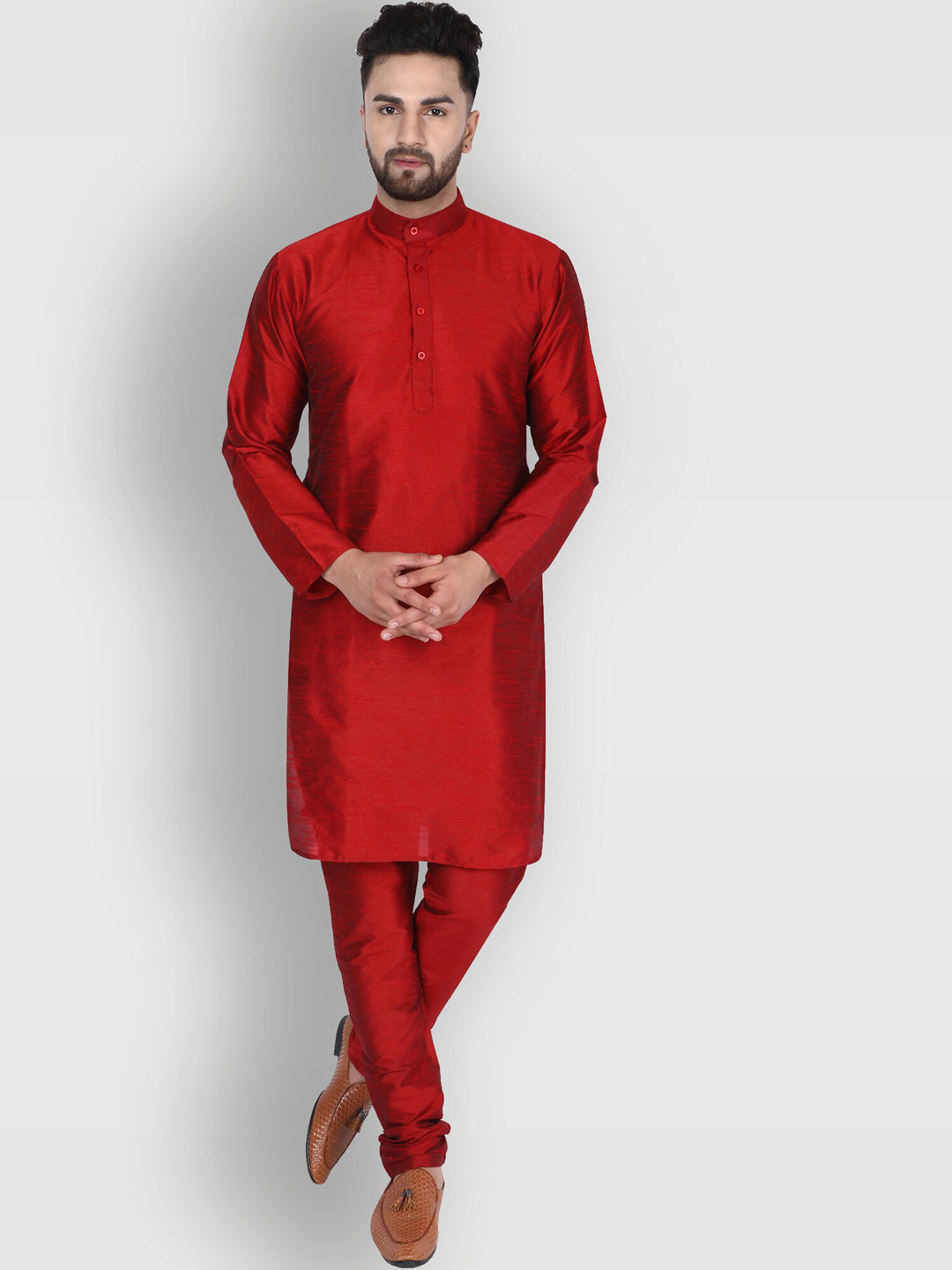 Enciger Men Red Dupion Silk Kurta with Churidar