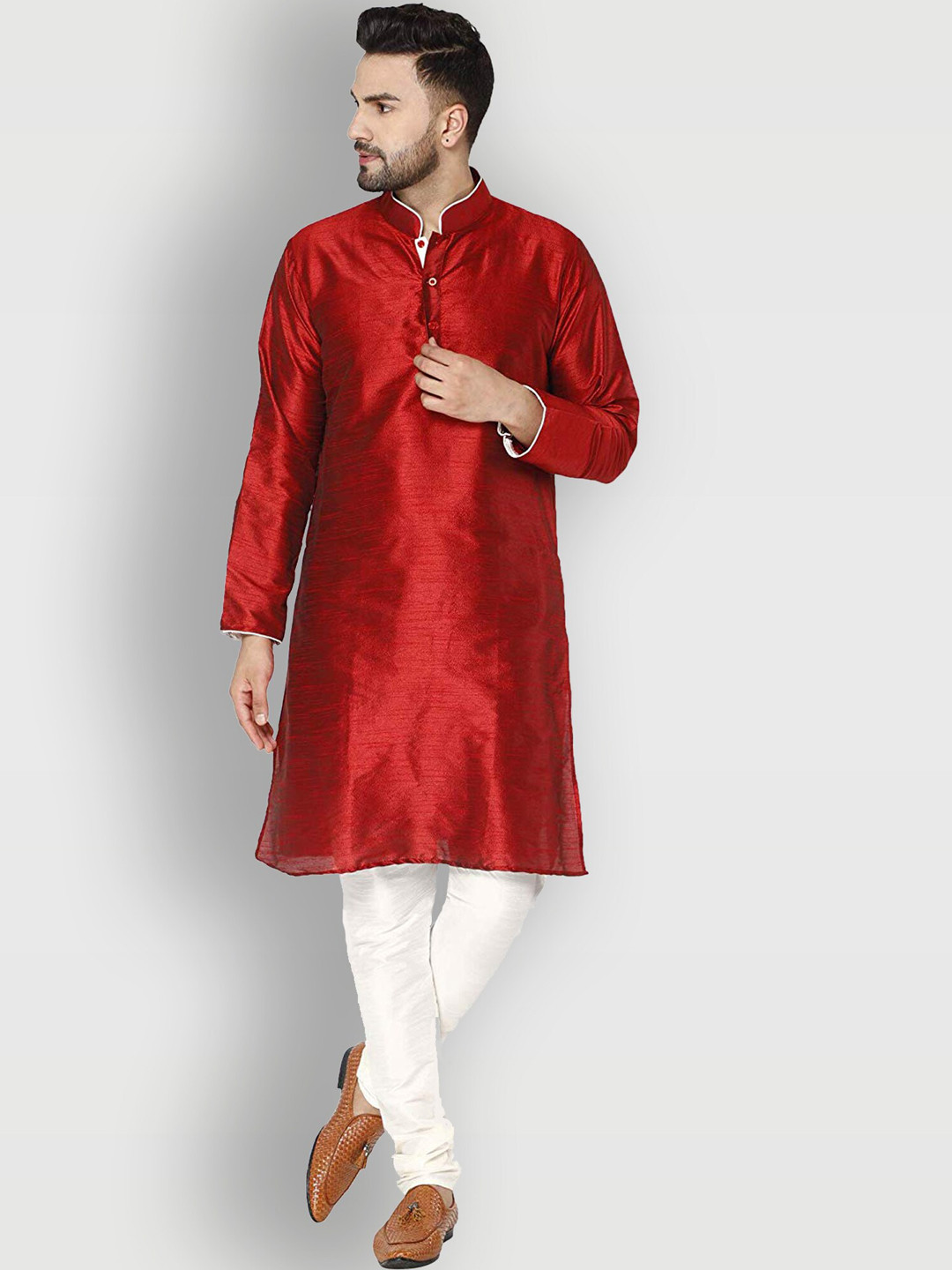 Enciger Men Red & Off White Regular Dupion Silk Kurta Set
