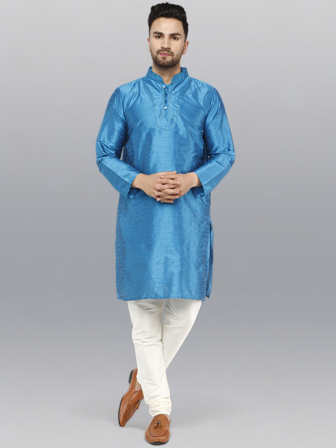 Enciger Men Turquoise Blue Dupion Silk Kurti with Churidar