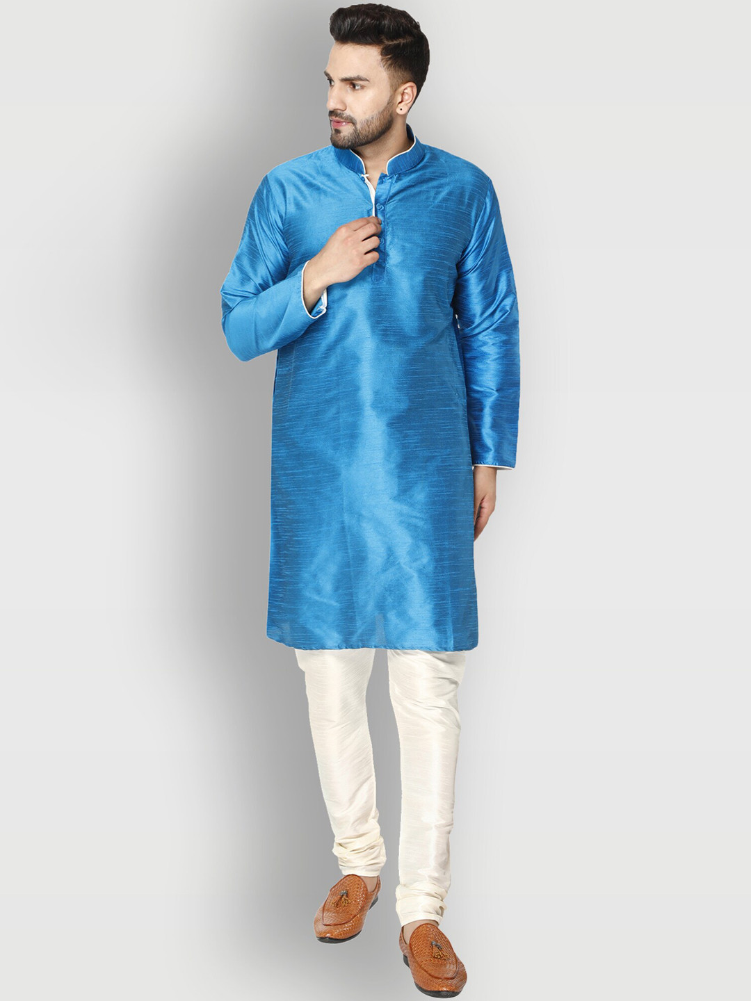 Enciger Men Blue Dupion Silk Kurti with Churidar