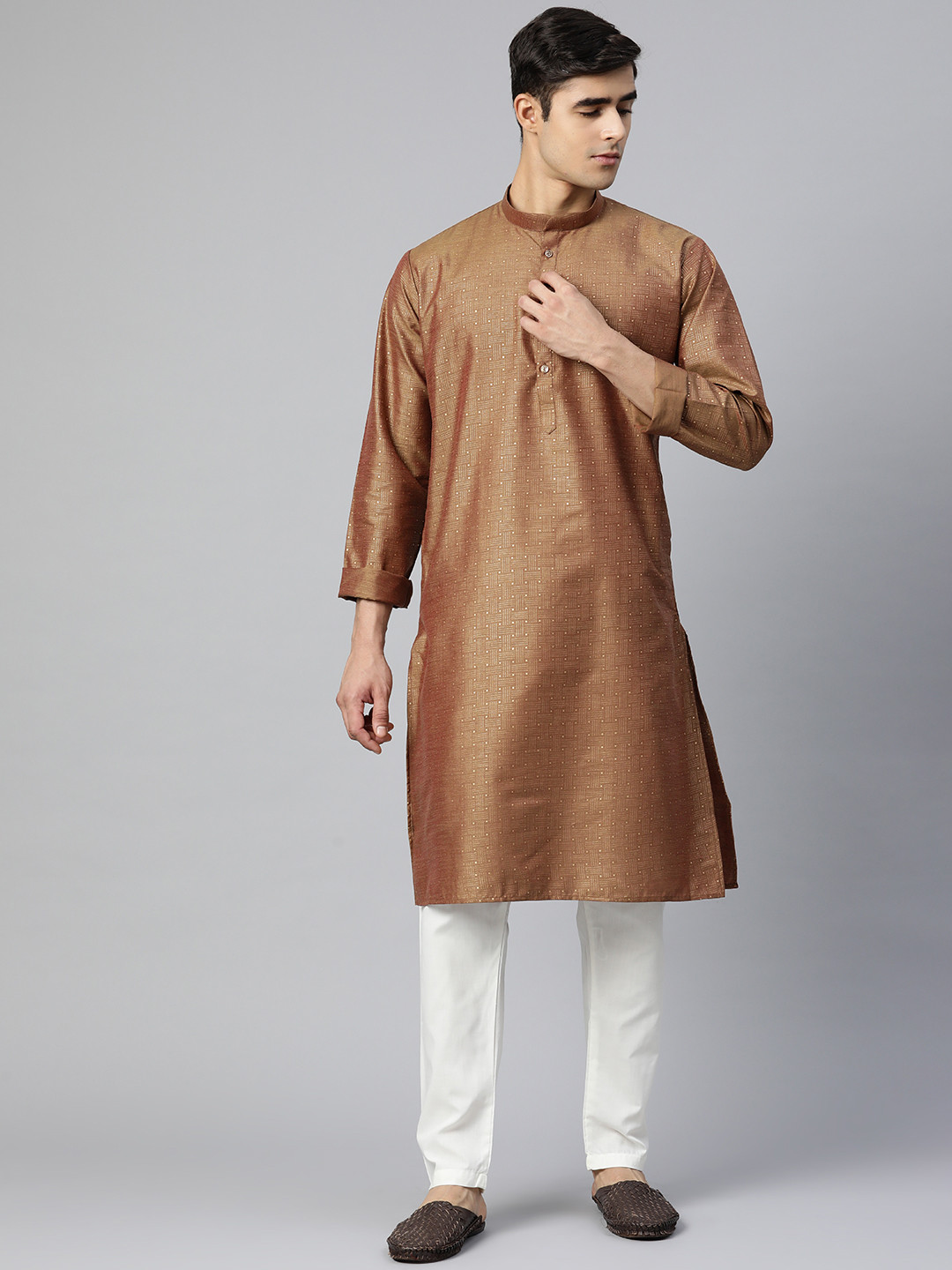 MANQ Men Brown Printed Pure Cotton Kurta with Pyjamas