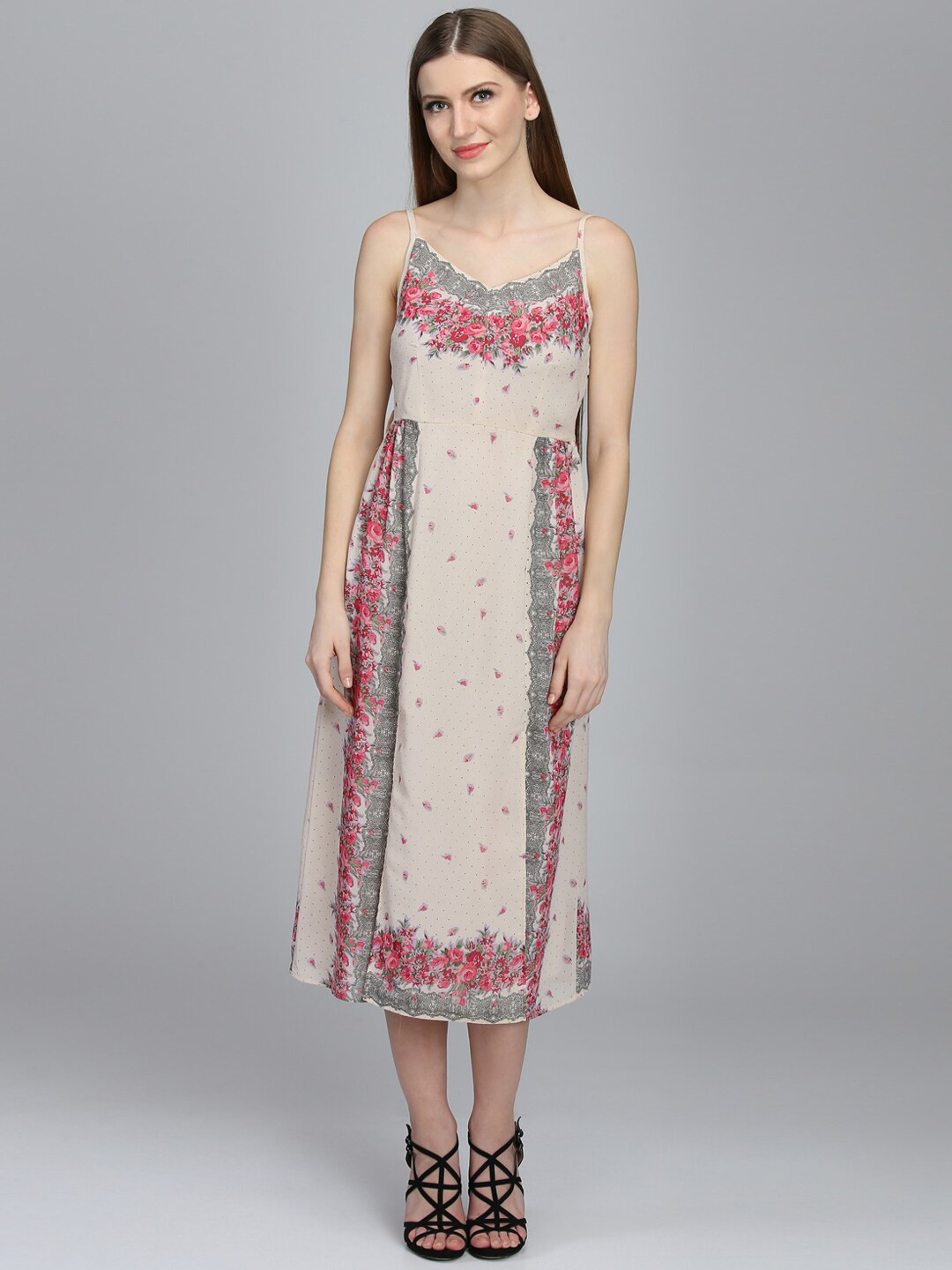 DODO & MOA Beige Floral Crepe Midi Slit Dress