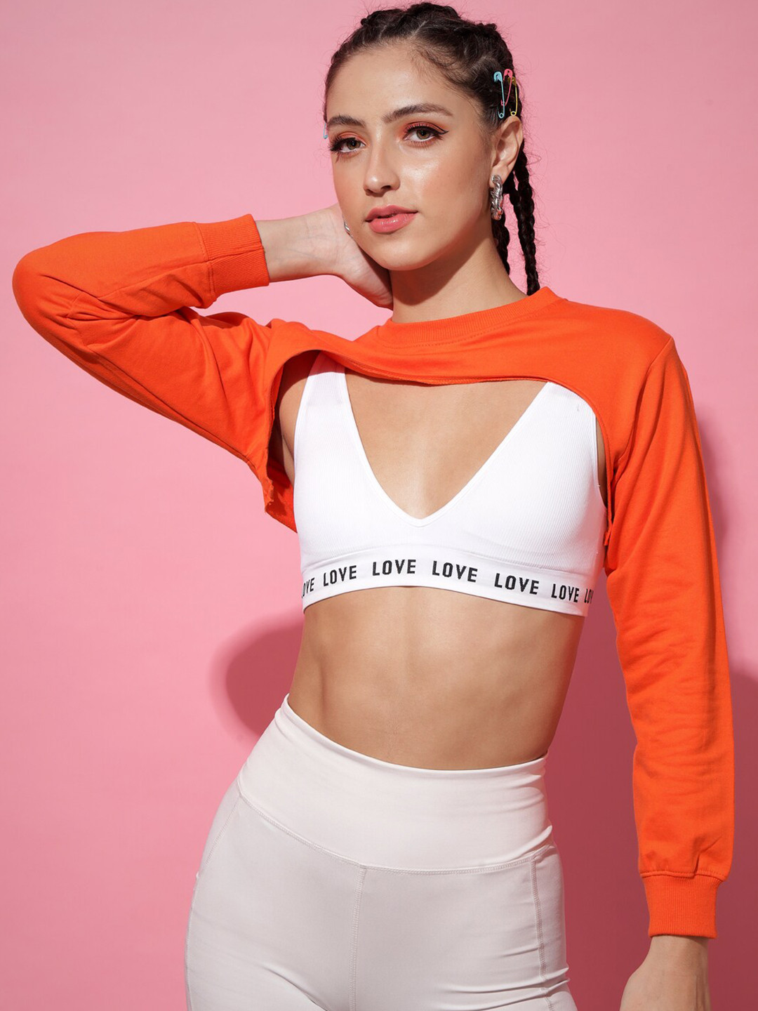 The Dry State Women Orange Solid Round Neck Super Crop T-shirt