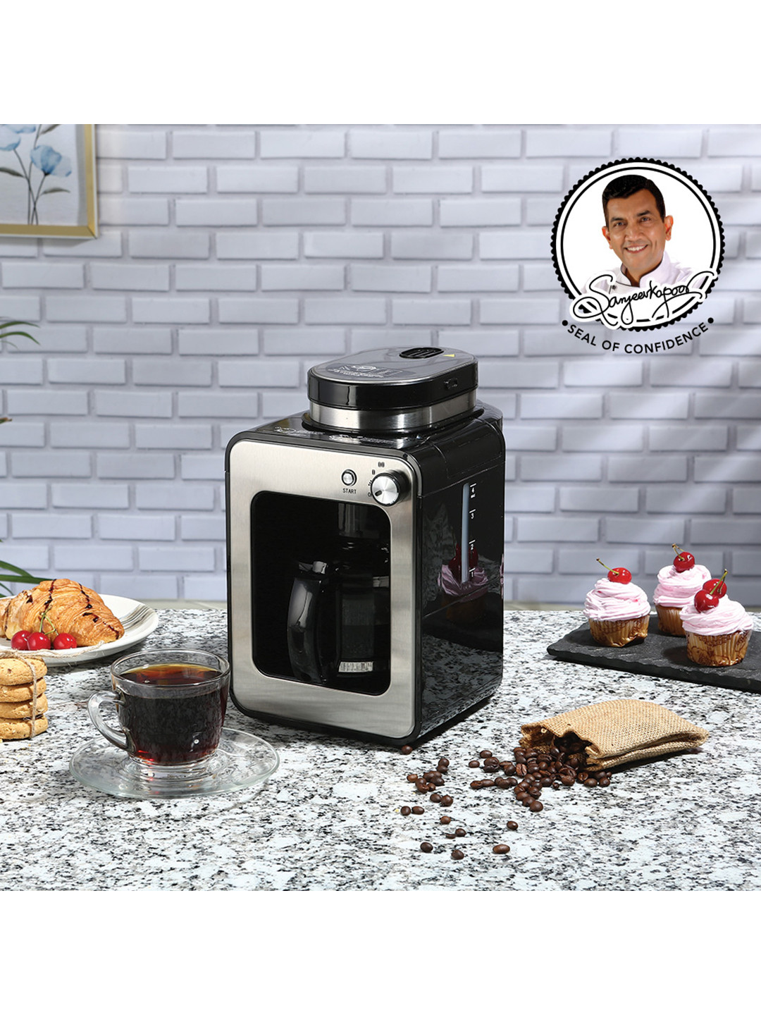 Wonderchef  Black & Silver-Toned Bean-To-Cup Brew Coffee Maker with Grinder