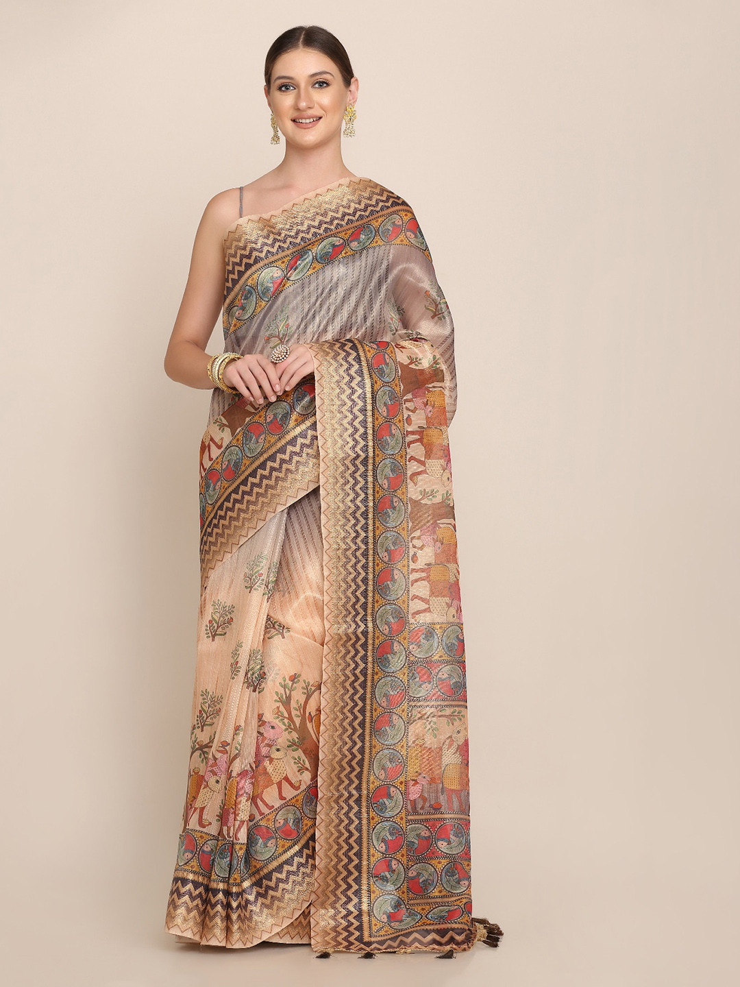 Kaizen TEXO FAB Multi Colored Kalamkari Linen Blend Saree